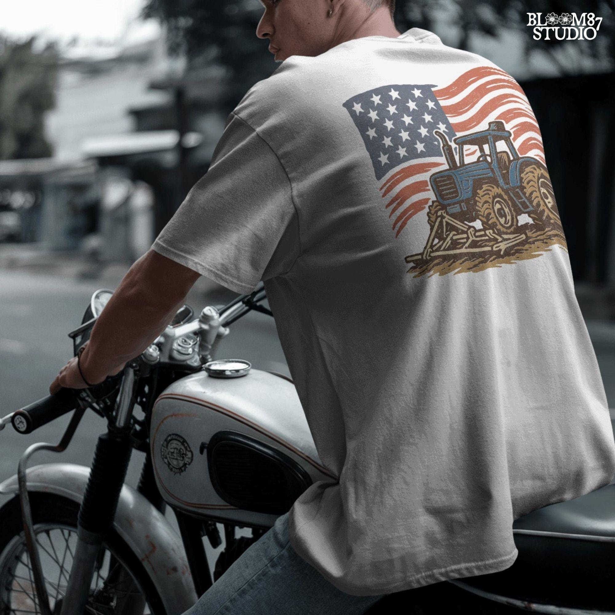 Red tractor with plow on soil, American flag waving in the background, vintage farm-themed graphic.
