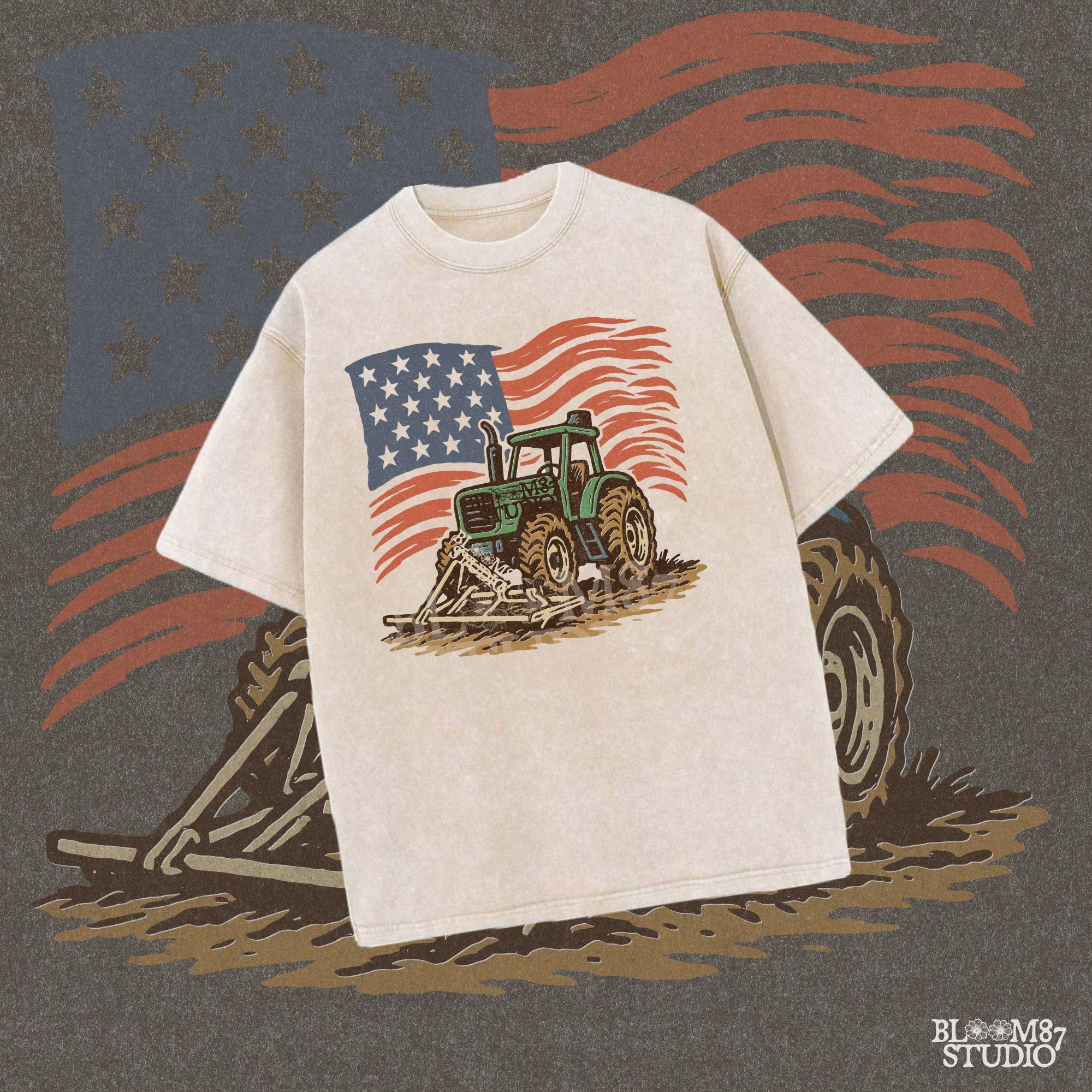 Red tractor with plow on soil, American flag waving in the background, vintage farm-themed graphic.