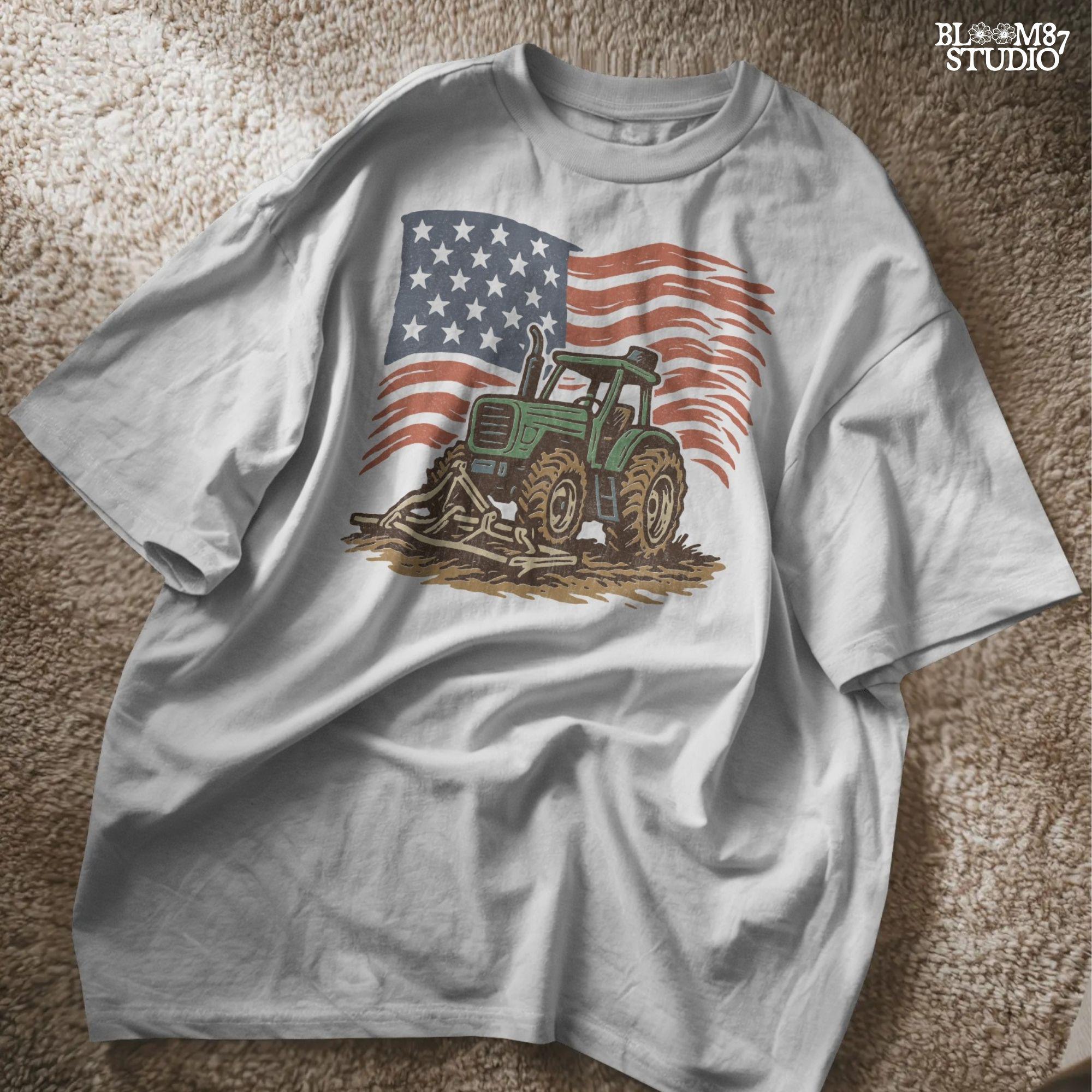 Red tractor with plow on soil, American flag waving in the background, vintage farm-themed graphic.