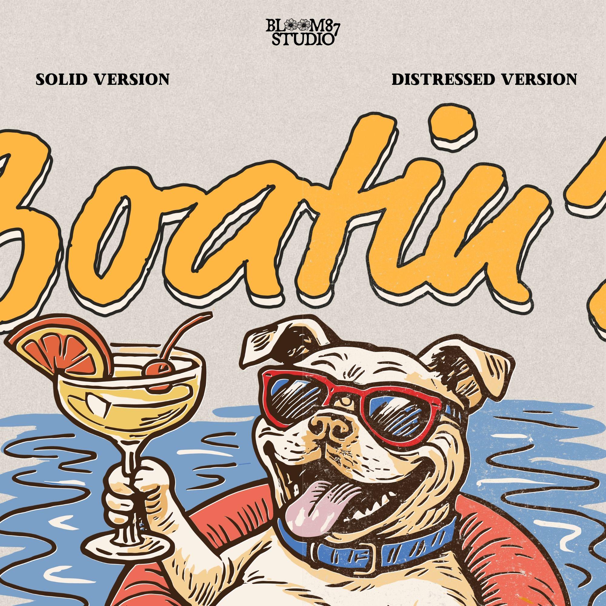 Cartoon bulldog in red sunglasses floating on a tube, holding a margarita, with “Boatin’ & Floatin’” summer text.