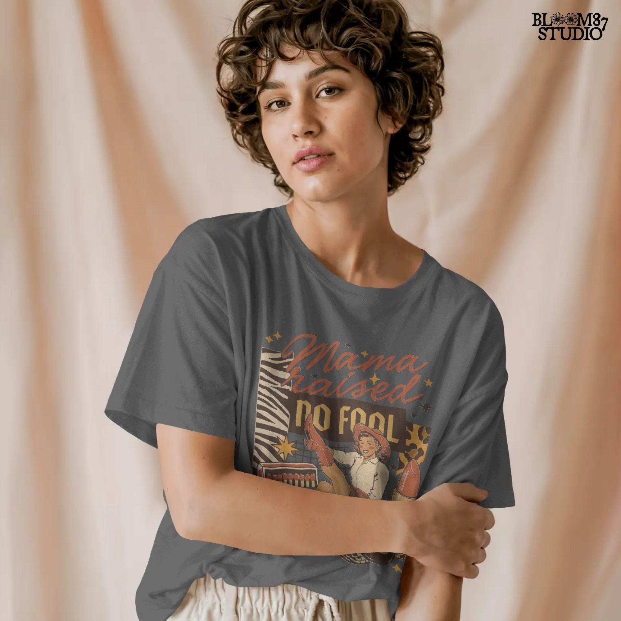 Retro Western Cowgirl Collage PNG with “Mama Raised No Fool” Quote, Disco Ball, Lipstick, and Red Boots for Sublimation