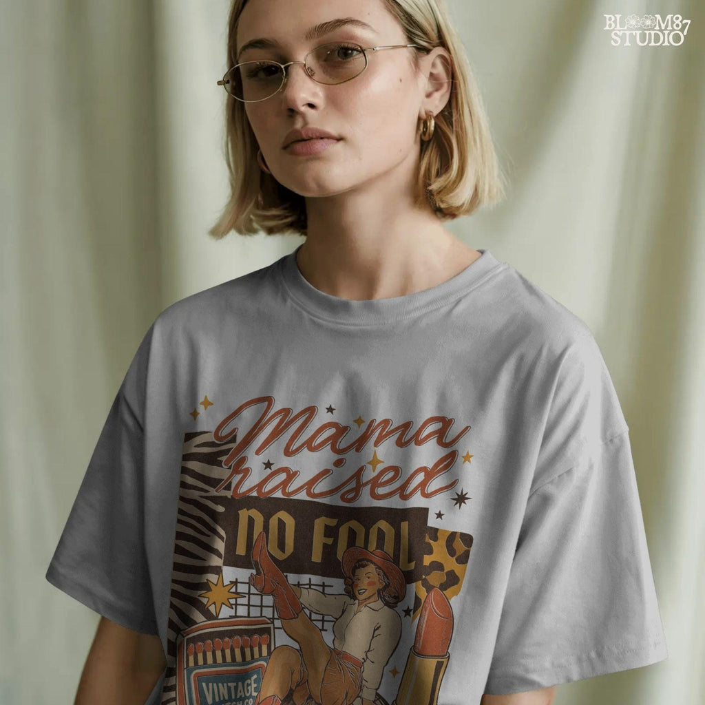 Retro Western Cowgirl Collage PNG with “Mama Raised No Fool” Quote, Disco Ball, Lipstick, and Red Boots for Sublimation