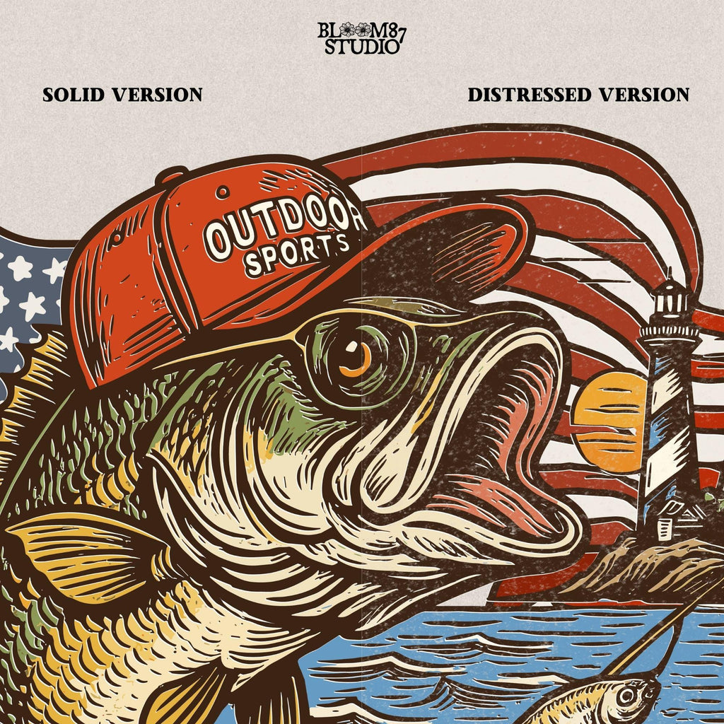 Patriotic bass fish wearing red cap with American flag, lighthouse, and “Hooked on Freedom” text – ideal for 4th of July fishing designs.