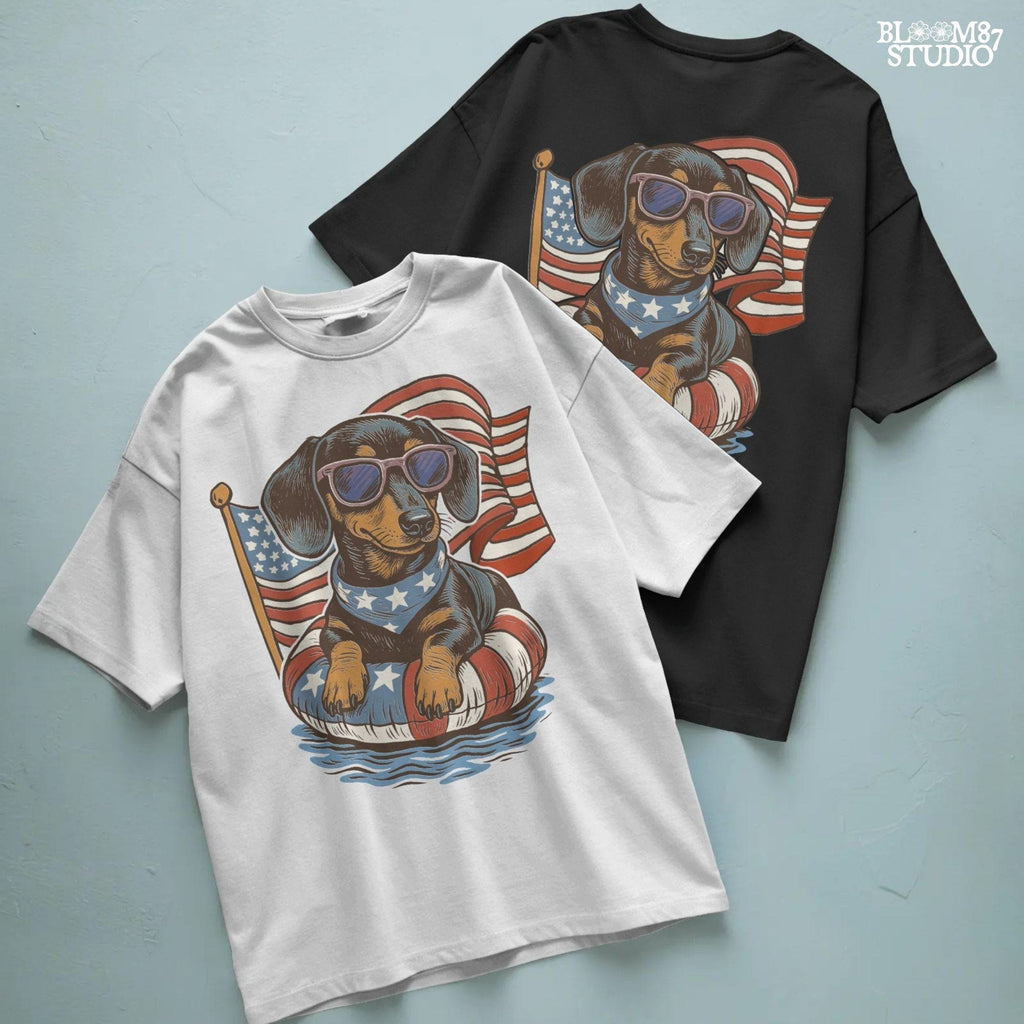 Cute dachshund dog with sunglasses on a USA-themed floatie, American flag background, perfect for 4th of July PNG sublimation.
