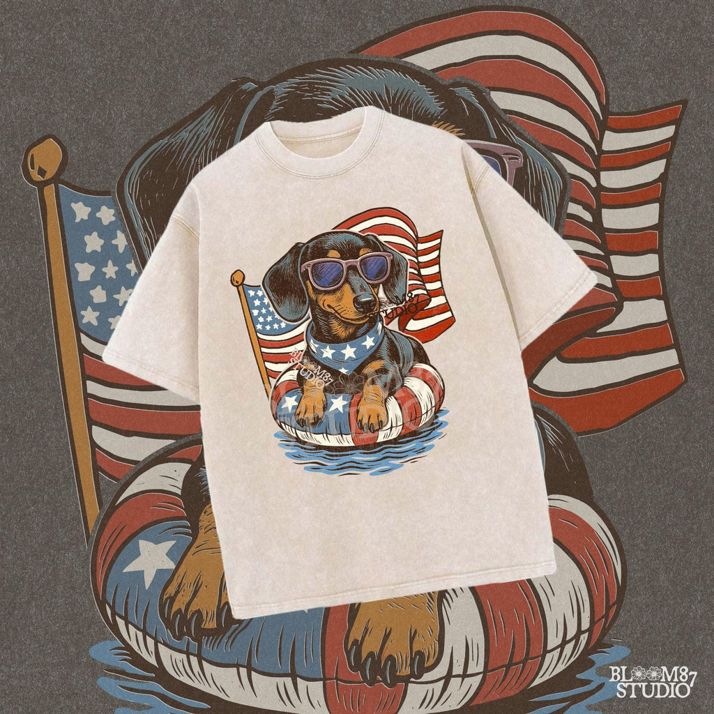 Cute dachshund dog with sunglasses on a USA-themed floatie, American flag background, perfect for 4th of July PNG sublimation.