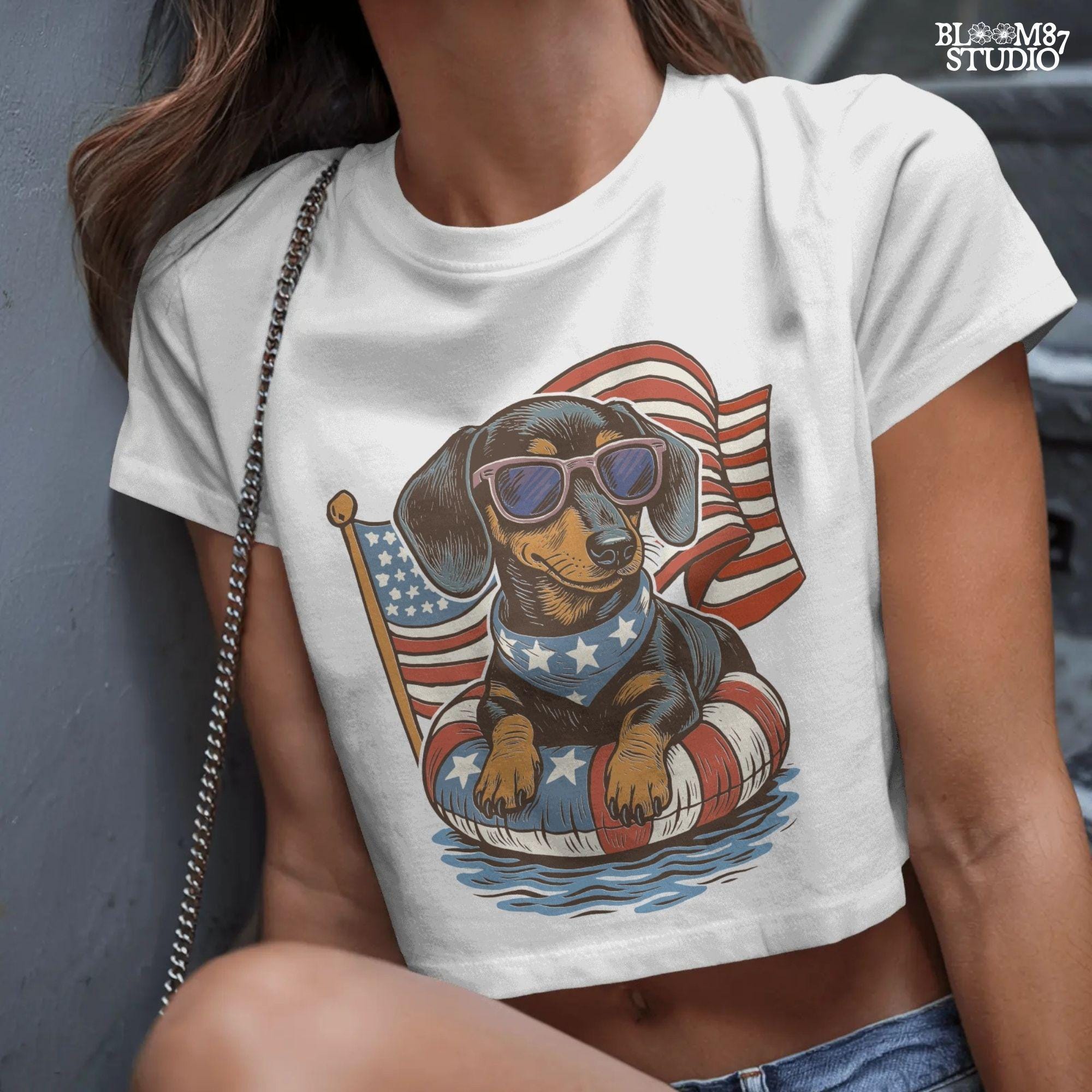 Cute dachshund dog with sunglasses on a USA-themed floatie, American flag background, perfect for 4th of July PNG sublimation.