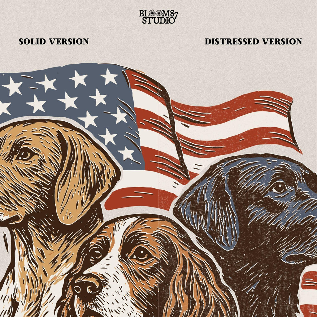 Vintage illustration of Labrador, English Pointer, and Springer Spaniel in front of American flag – patriotic 4th of July PNG sublimation design.