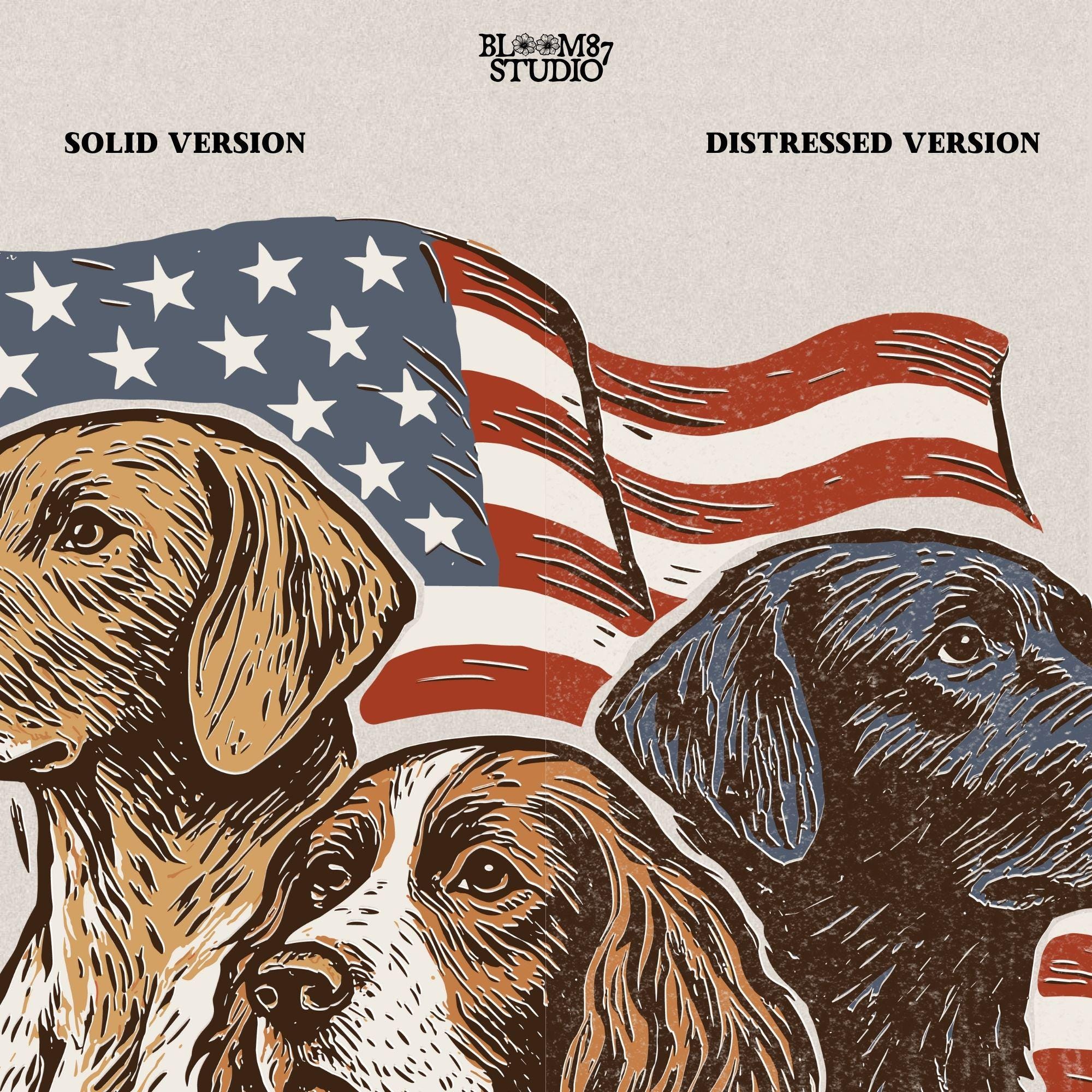 Vintage illustration of Labrador, English Pointer, and Springer Spaniel in front of American flag – patriotic 4th of July PNG sublimation design.