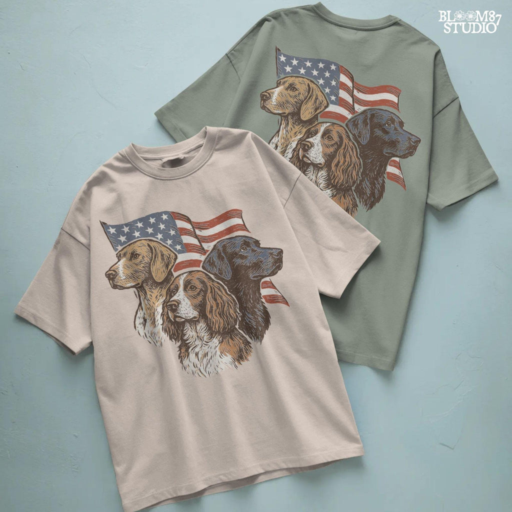 Vintage illustration of Labrador, English Pointer, and Springer Spaniel in front of American flag – patriotic 4th of July PNG sublimation design.