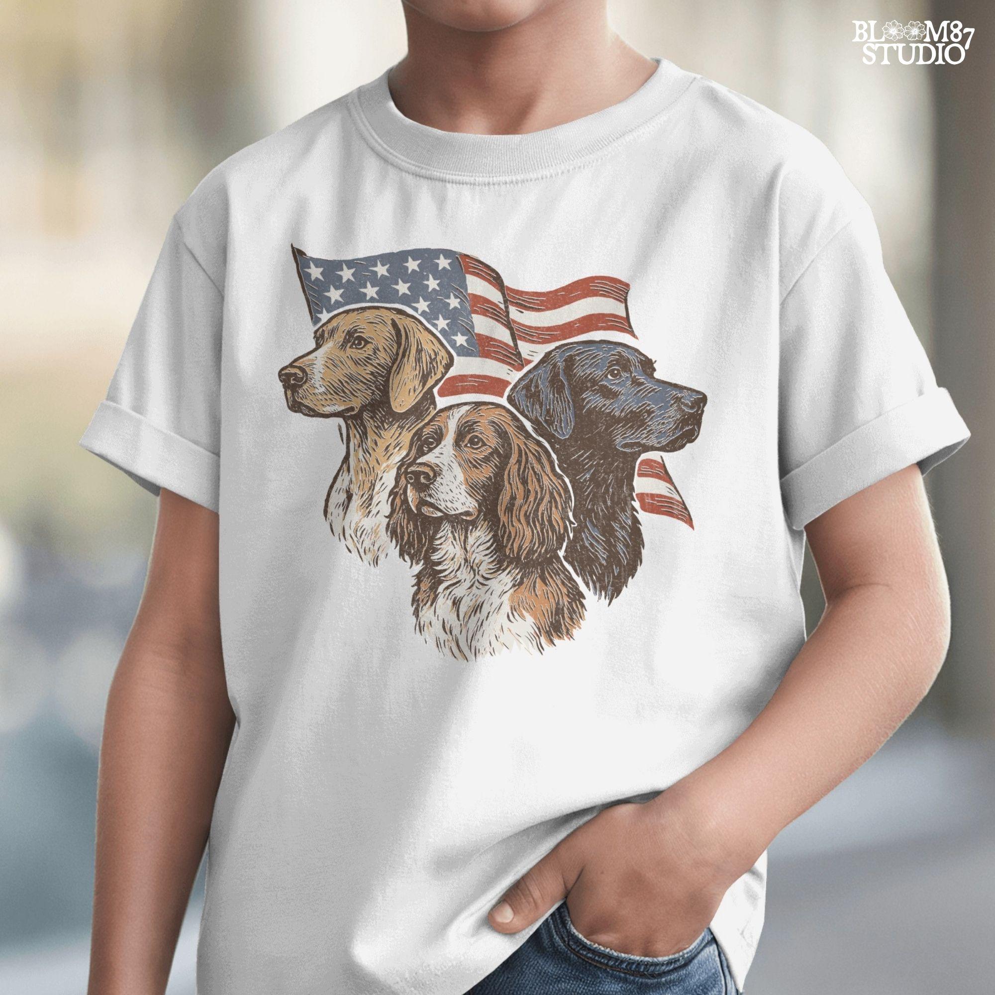 Vintage illustration of Labrador, English Pointer, and Springer Spaniel in front of American flag – patriotic 4th of July PNG sublimation design.