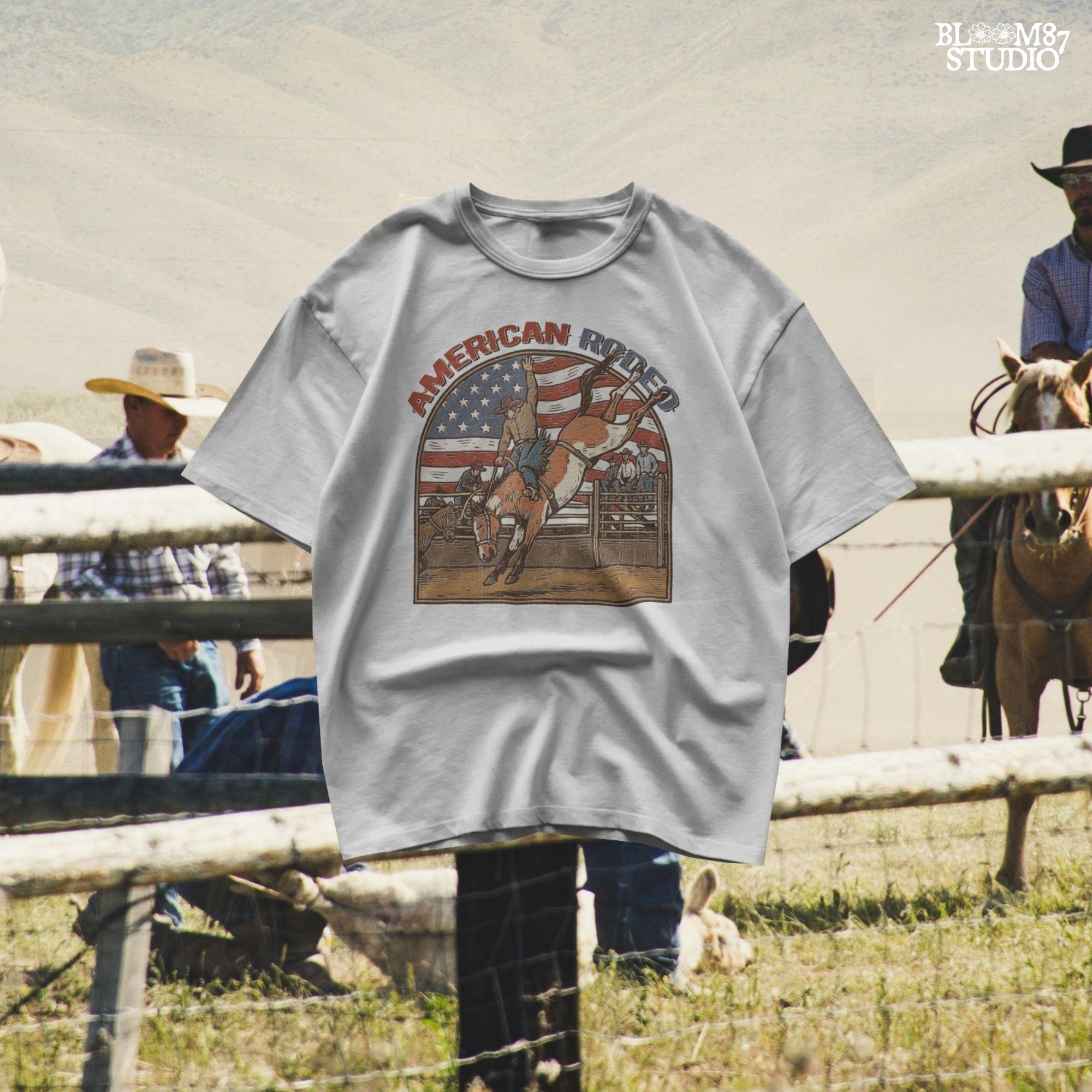 Vintage American rodeo illustration with cowboy riding bucking horse, U.S. flag in background – patriotic Western PNG design.