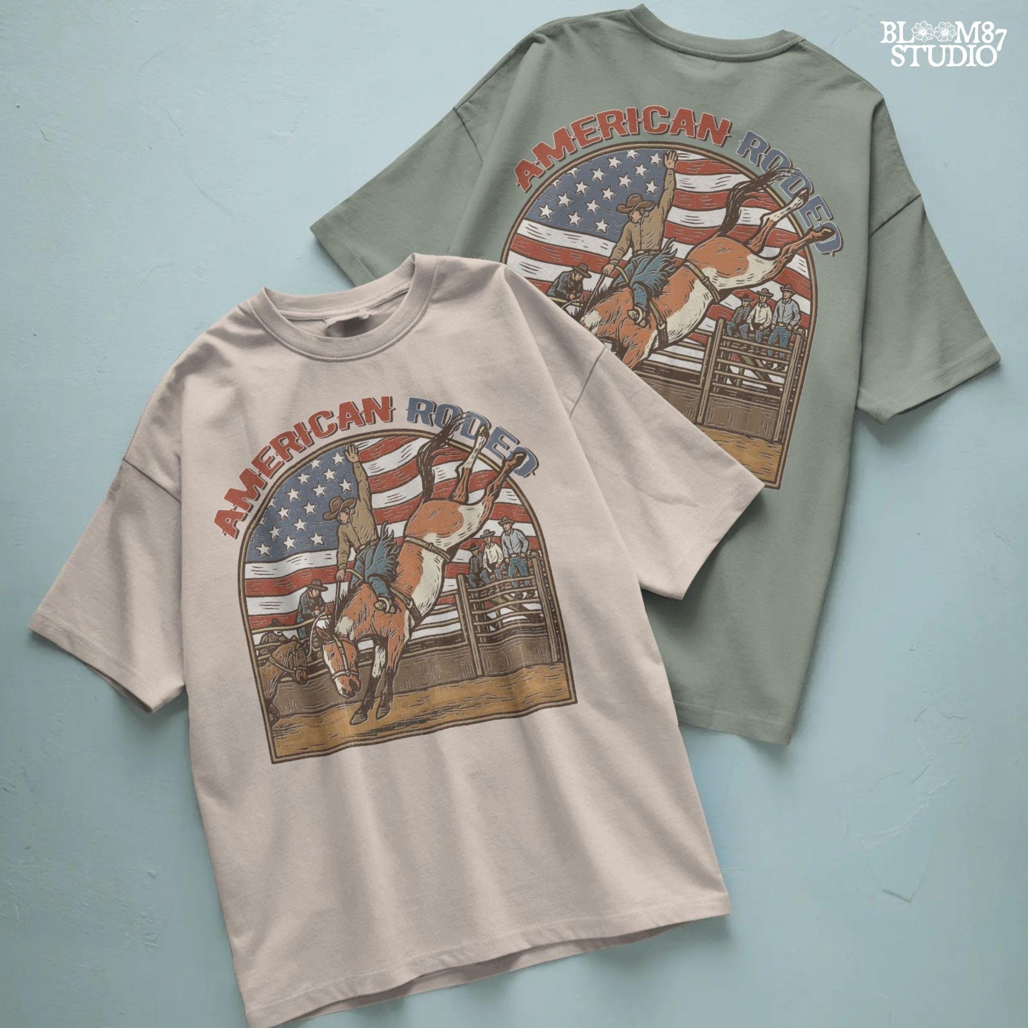 Vintage American rodeo illustration with cowboy riding bucking horse, U.S. flag in background – patriotic Western PNG design.