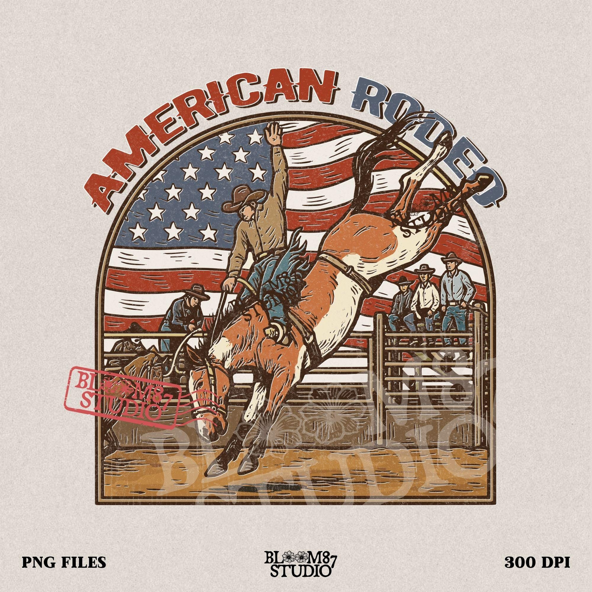 Vintage American rodeo illustration with cowboy riding bucking horse, U.S. flag in background – patriotic Western PNG design.