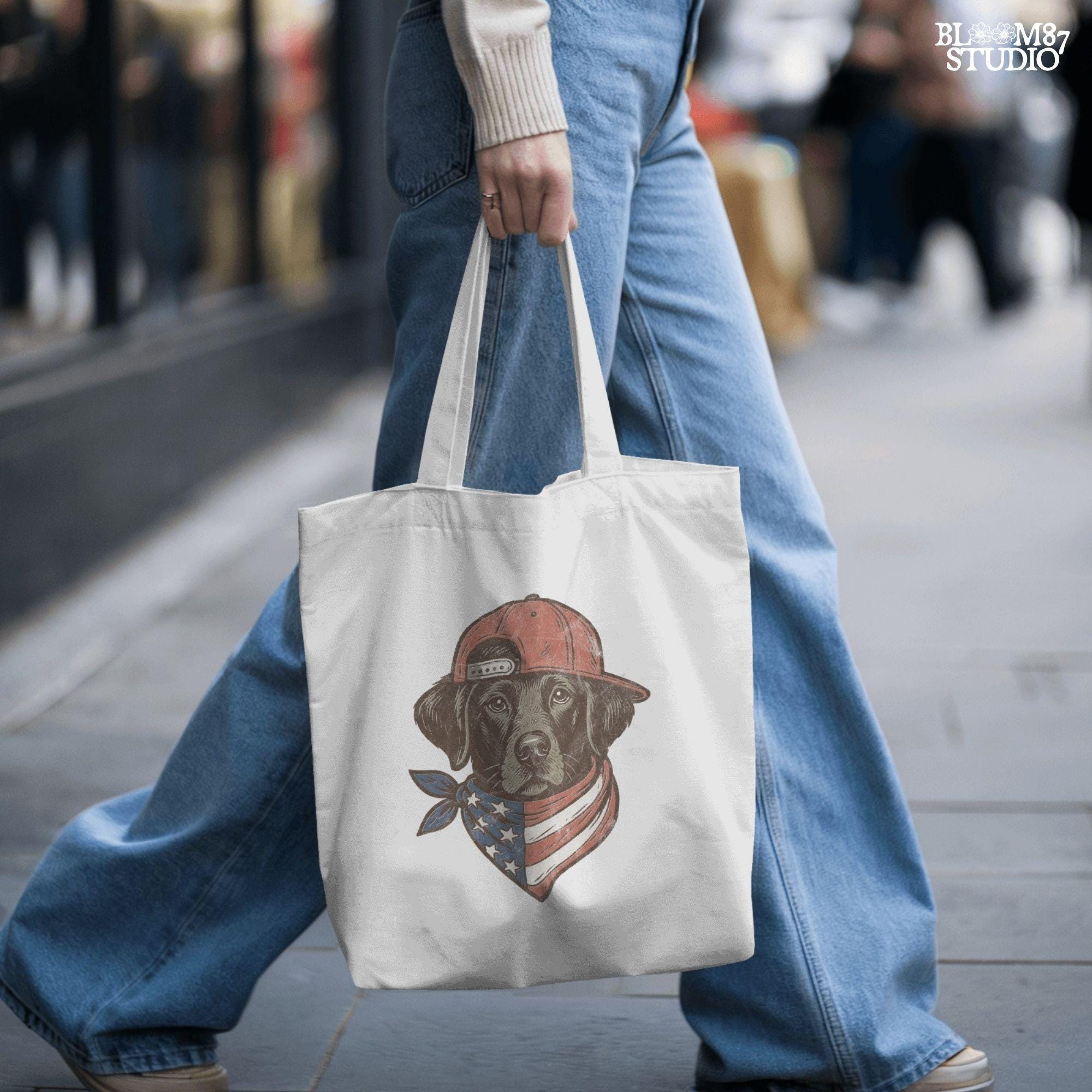 Cool Labrador Dog Wearing Red Snapback Hat and American Flag Bandana PNG for Patriotic 4th of July Sublimation