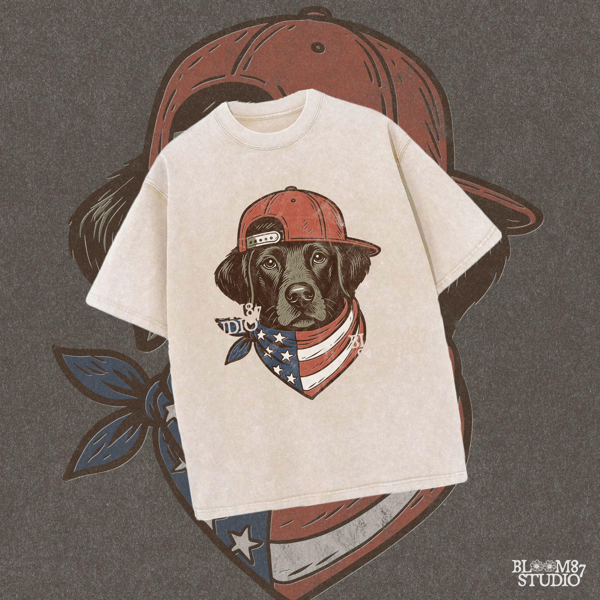 Cool Labrador Dog Wearing Red Snapback Hat and American Flag Bandana PNG for Patriotic 4th of July Sublimation