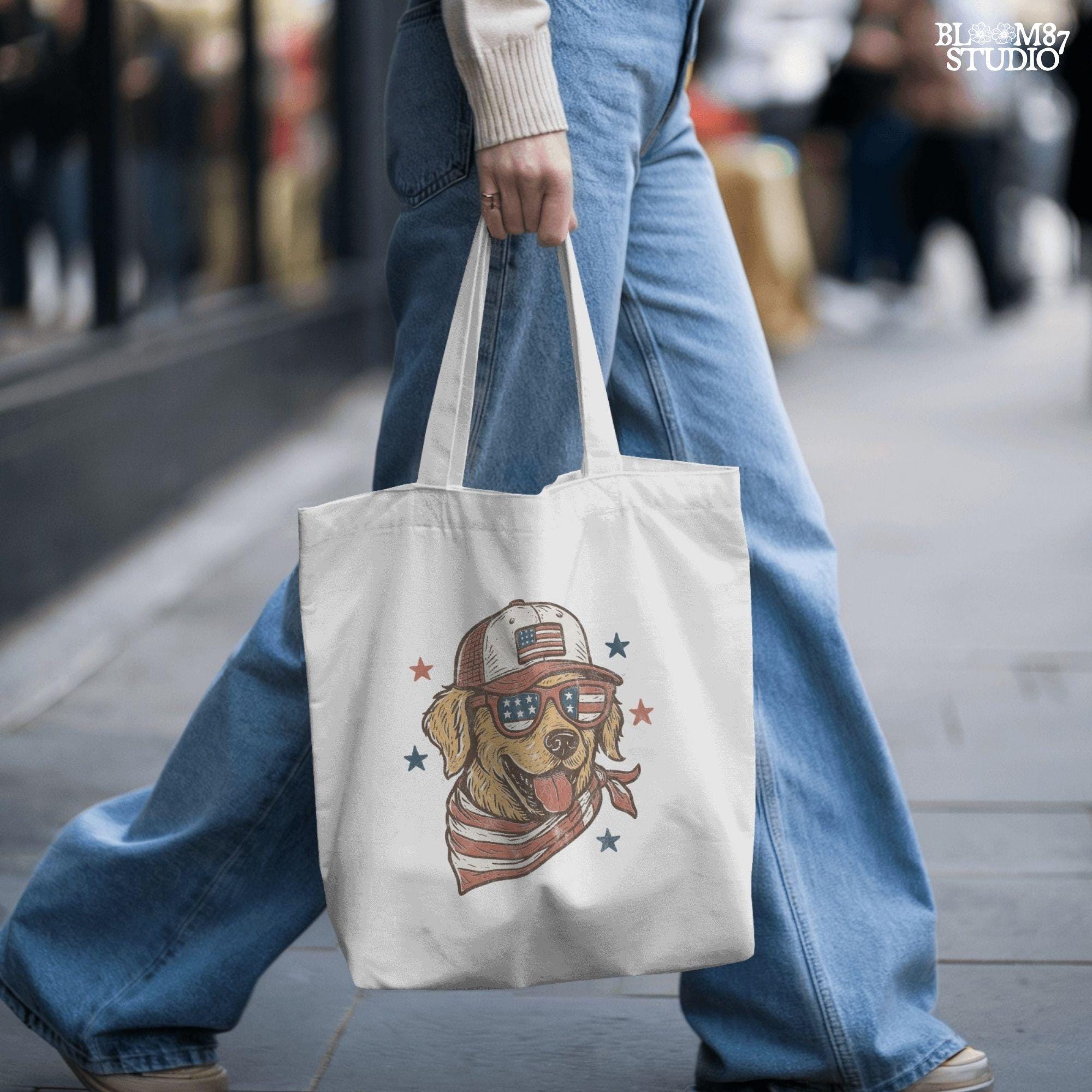 Golden Retriever Dog Wearing American Flag Sunglasses and Trucker Hat PNG for Patriotic 4th of July Sublimation