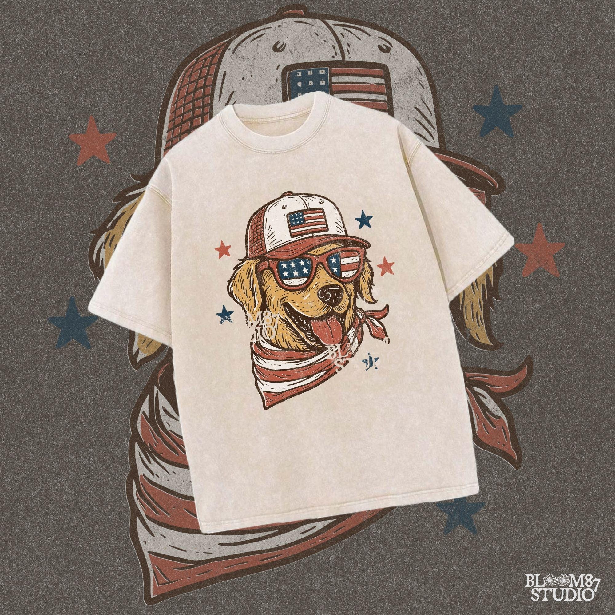 Golden Retriever Dog Wearing American Flag Sunglasses and Trucker Hat PNG for Patriotic 4th of July Sublimation