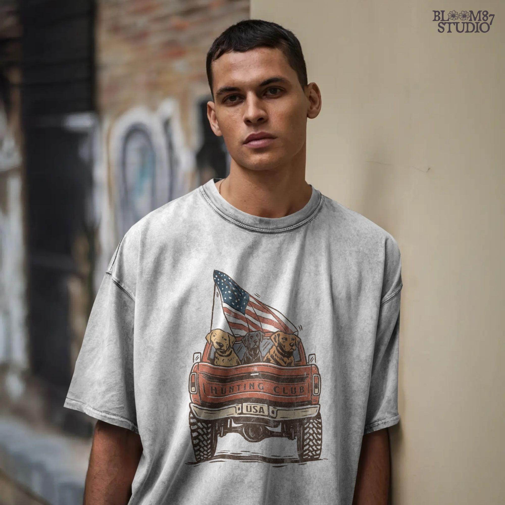 Three Labrador Dogs Riding in Pickup Truck with American Flag – Hunting Club USA PNG for Sublimation and 4th of July Crafts