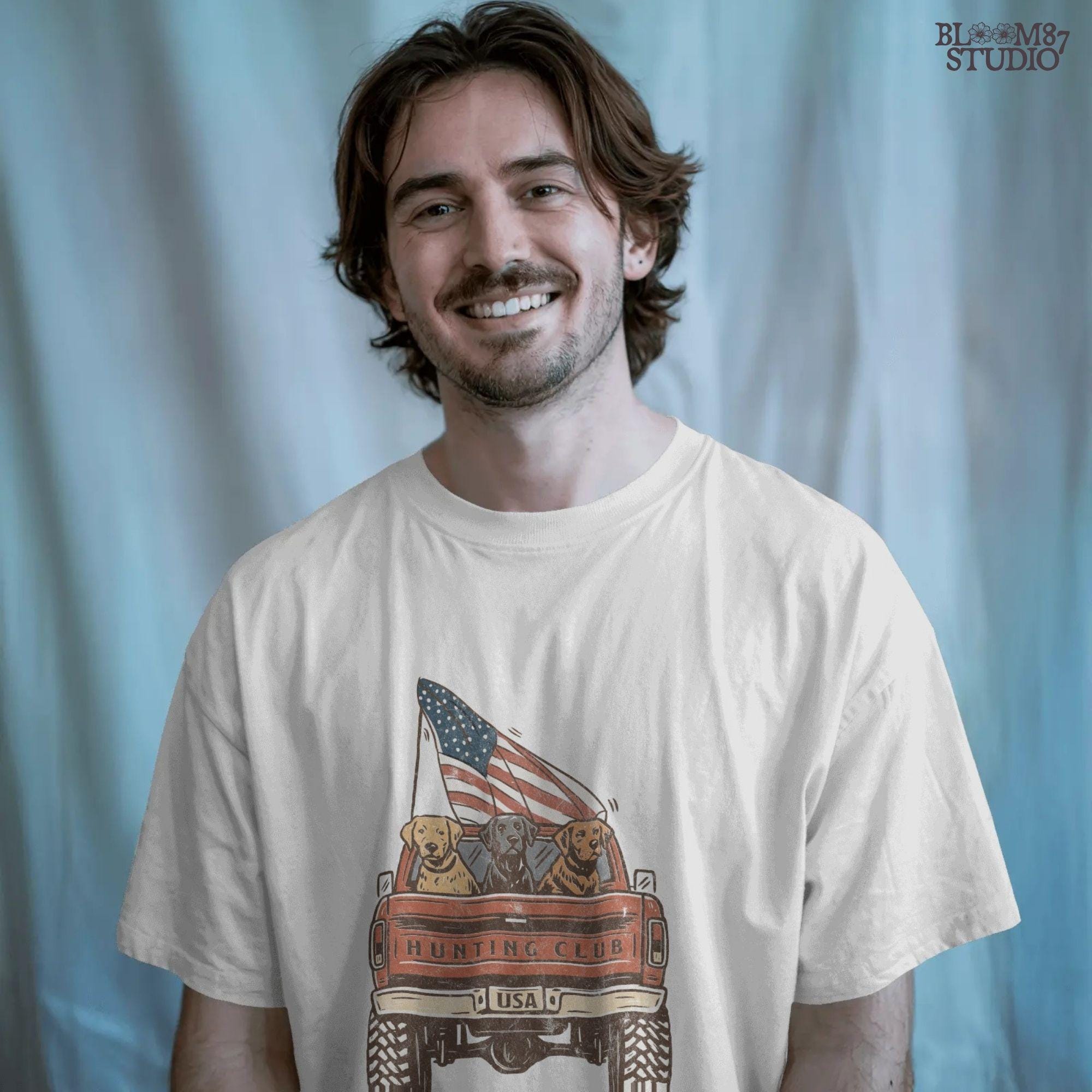 Three Labrador Dogs Riding in Pickup Truck with American Flag – Hunting Club USA PNG for Sublimation and 4th of July Crafts