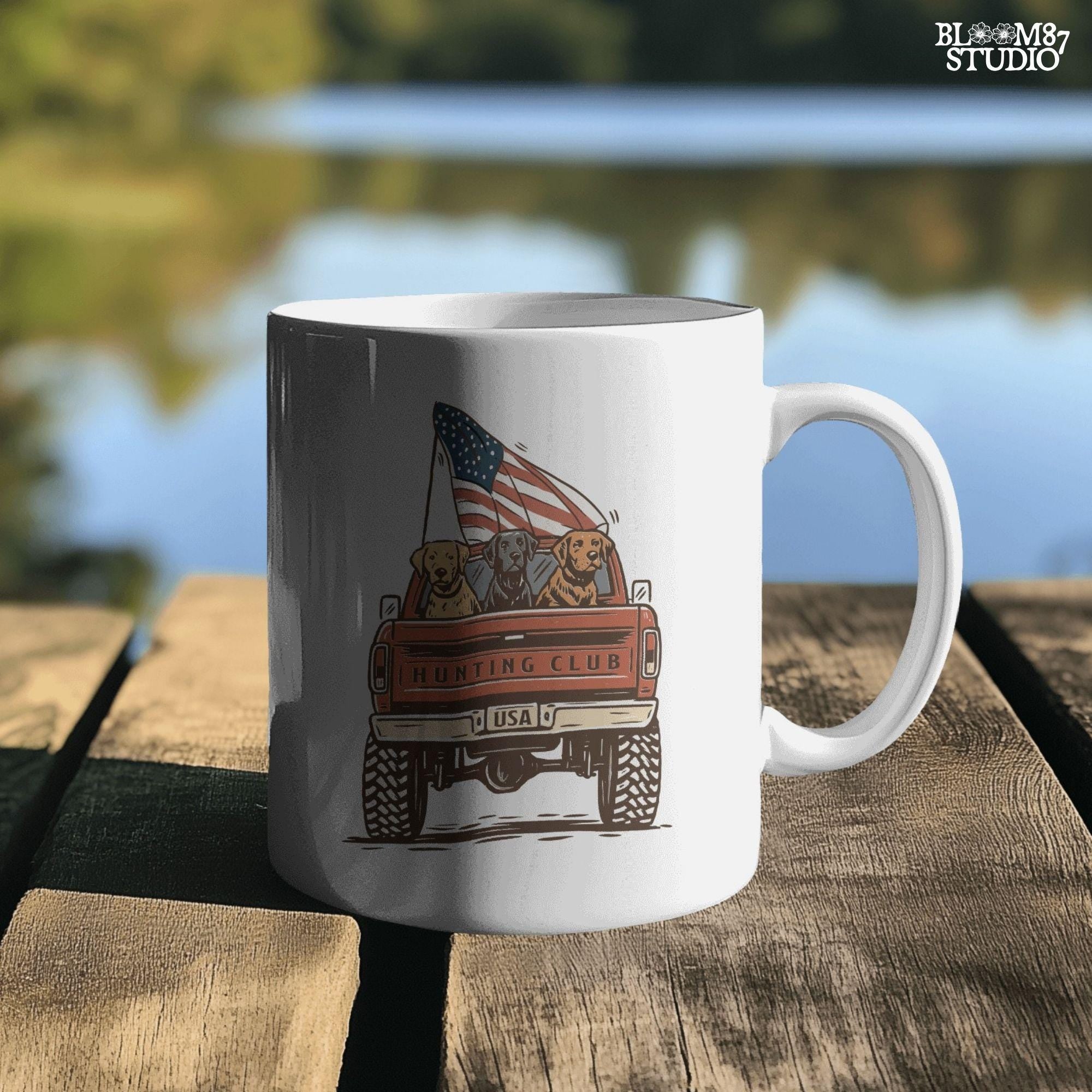 Three Labrador Dogs Riding in Pickup Truck with American Flag – Hunting Club USA PNG for Sublimation and 4th of July Crafts