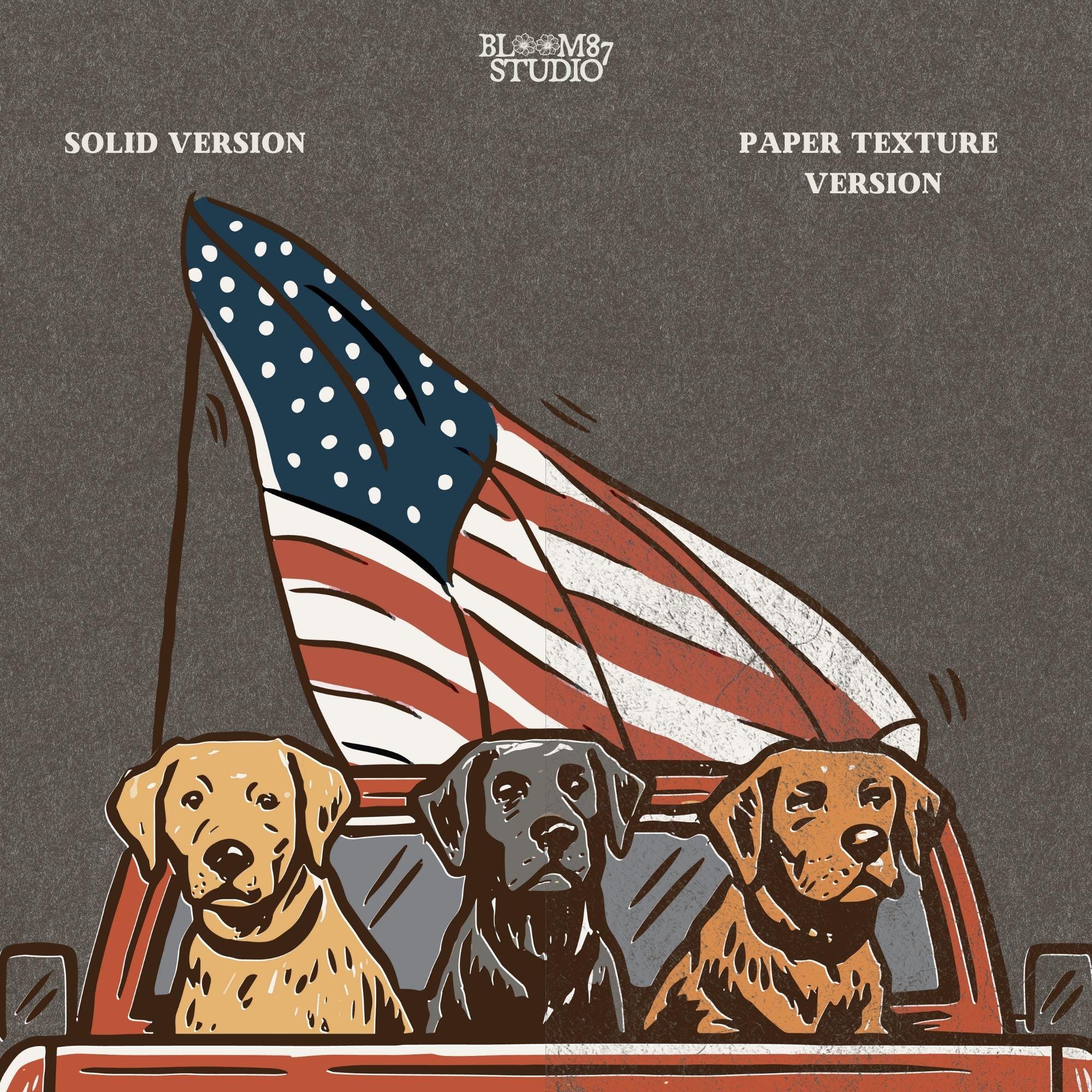 Three Labrador Dogs Riding in Pickup Truck with American Flag – Hunting Club USA PNG for Sublimation and 4th of July Crafts