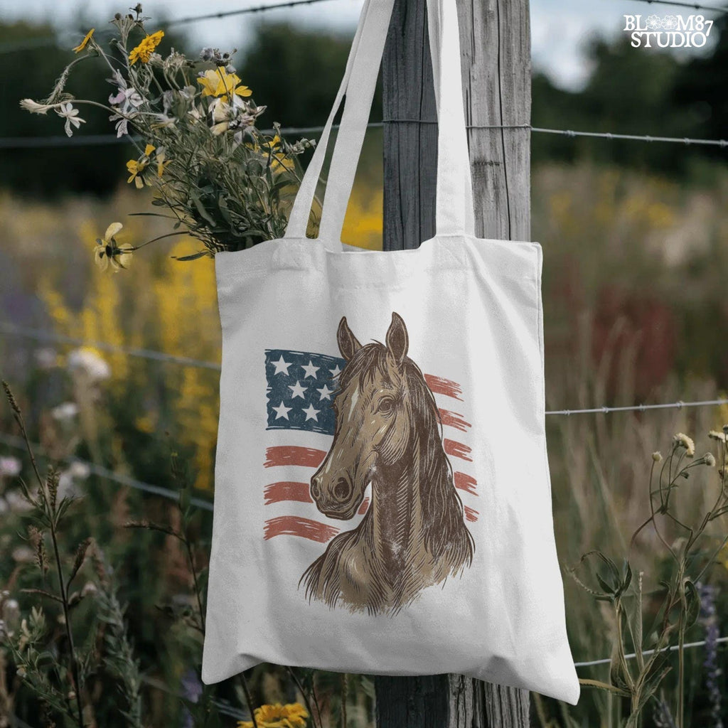 Brown horse head over distressed American flag background – Patriotic western PNG for 4th of July sublimation and cowboy crafts