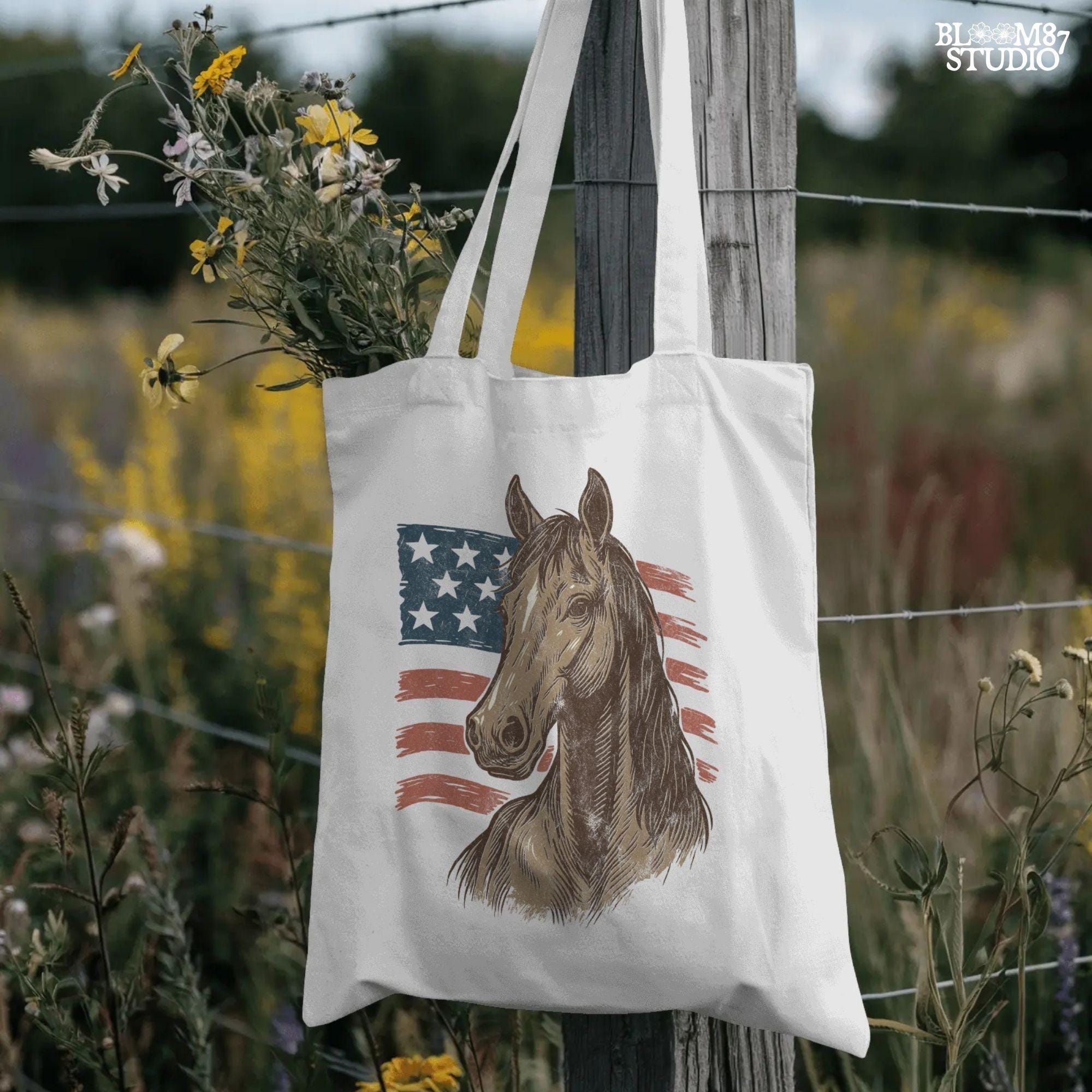 Brown horse head over distressed American flag background – Patriotic western PNG for 4th of July sublimation and cowboy crafts