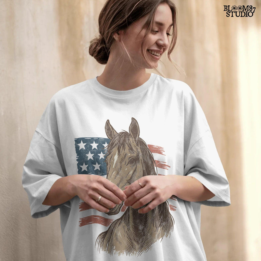 Brown horse head over distressed American flag background – Patriotic western PNG for 4th of July sublimation and cowboy crafts