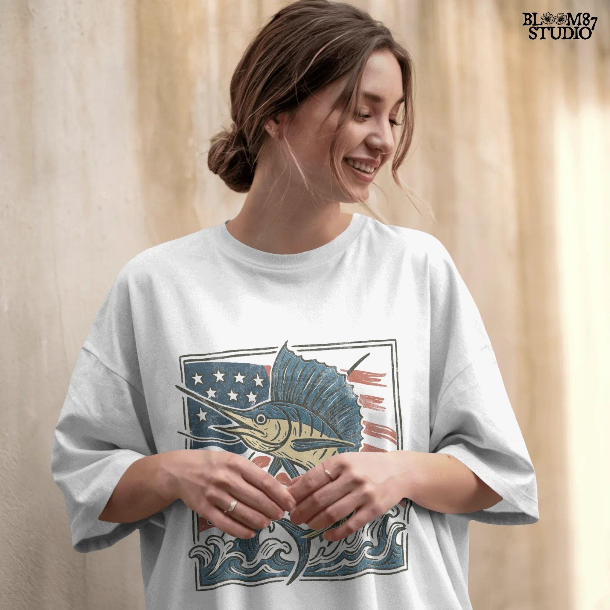 Patriotic sailfish illustration with American flag background and ocean waves – perfect for fishing shirt sublimation or saltwater angler clipart