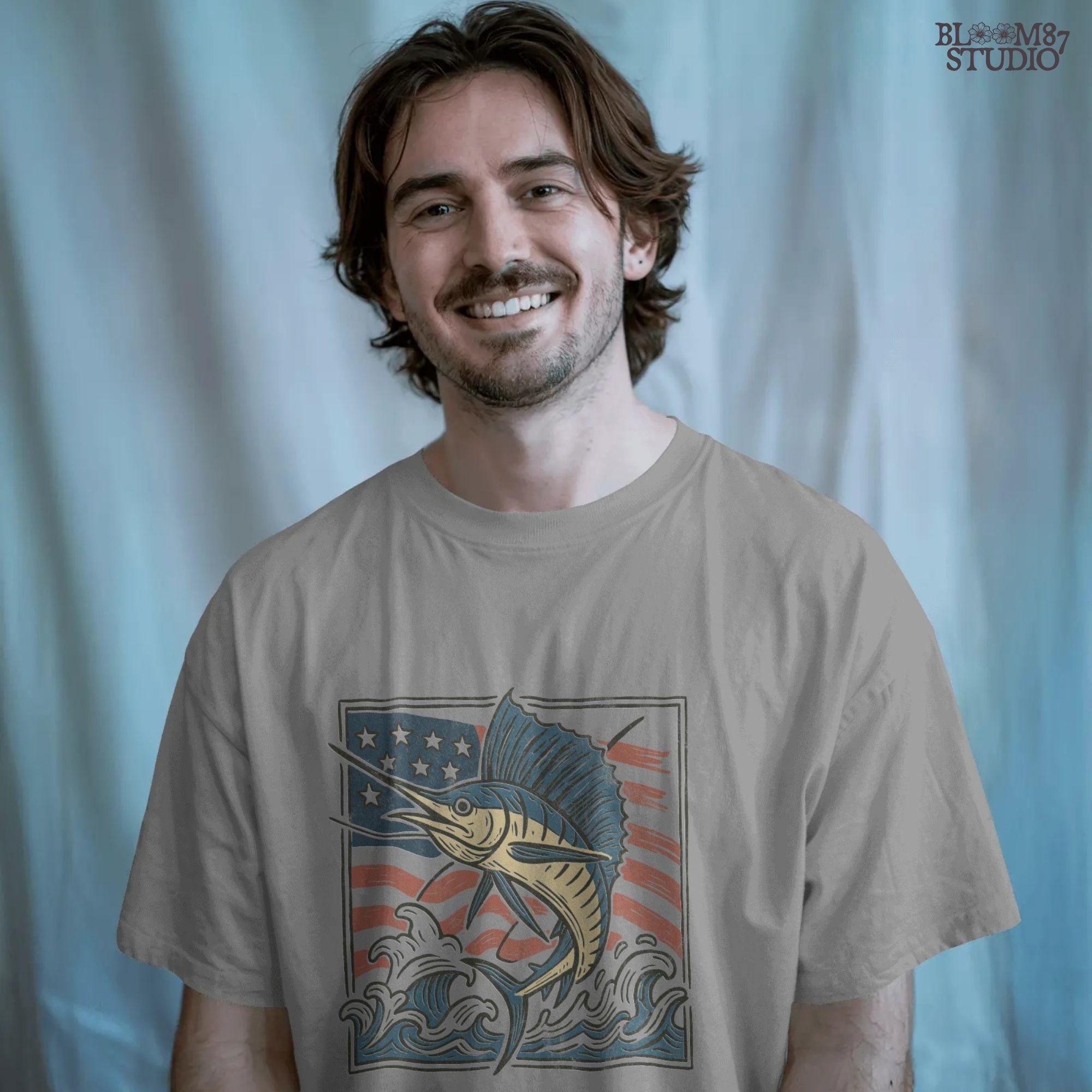 Patriotic sailfish illustration with American flag background and ocean waves – perfect for fishing shirt sublimation or saltwater angler clipart