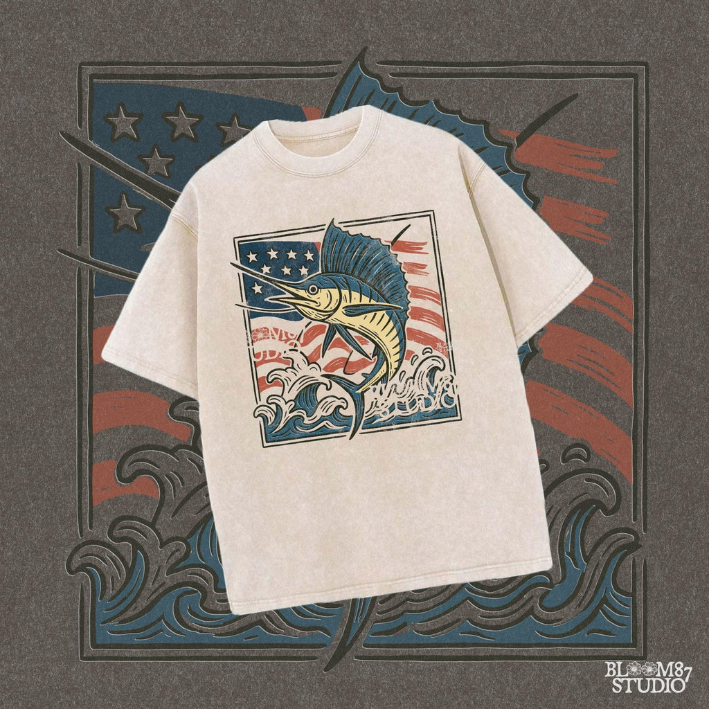 Patriotic sailfish illustration with American flag background and ocean waves – perfect for fishing shirt sublimation or saltwater angler clipart