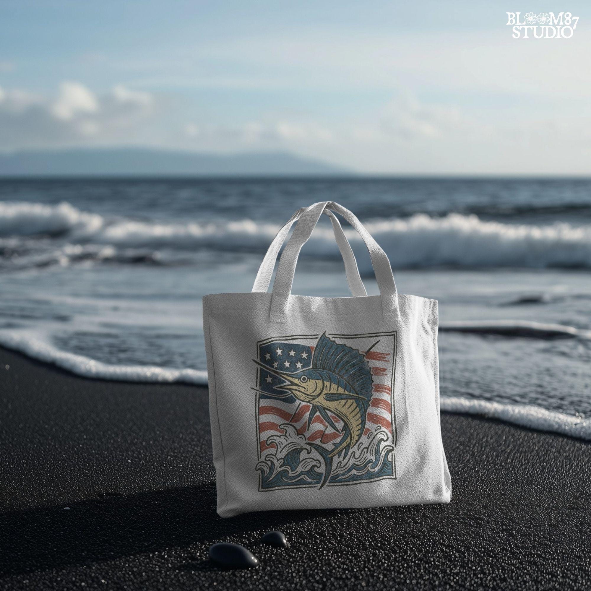 Patriotic sailfish illustration with American flag background and ocean waves – perfect for fishing shirt sublimation or saltwater angler clipart