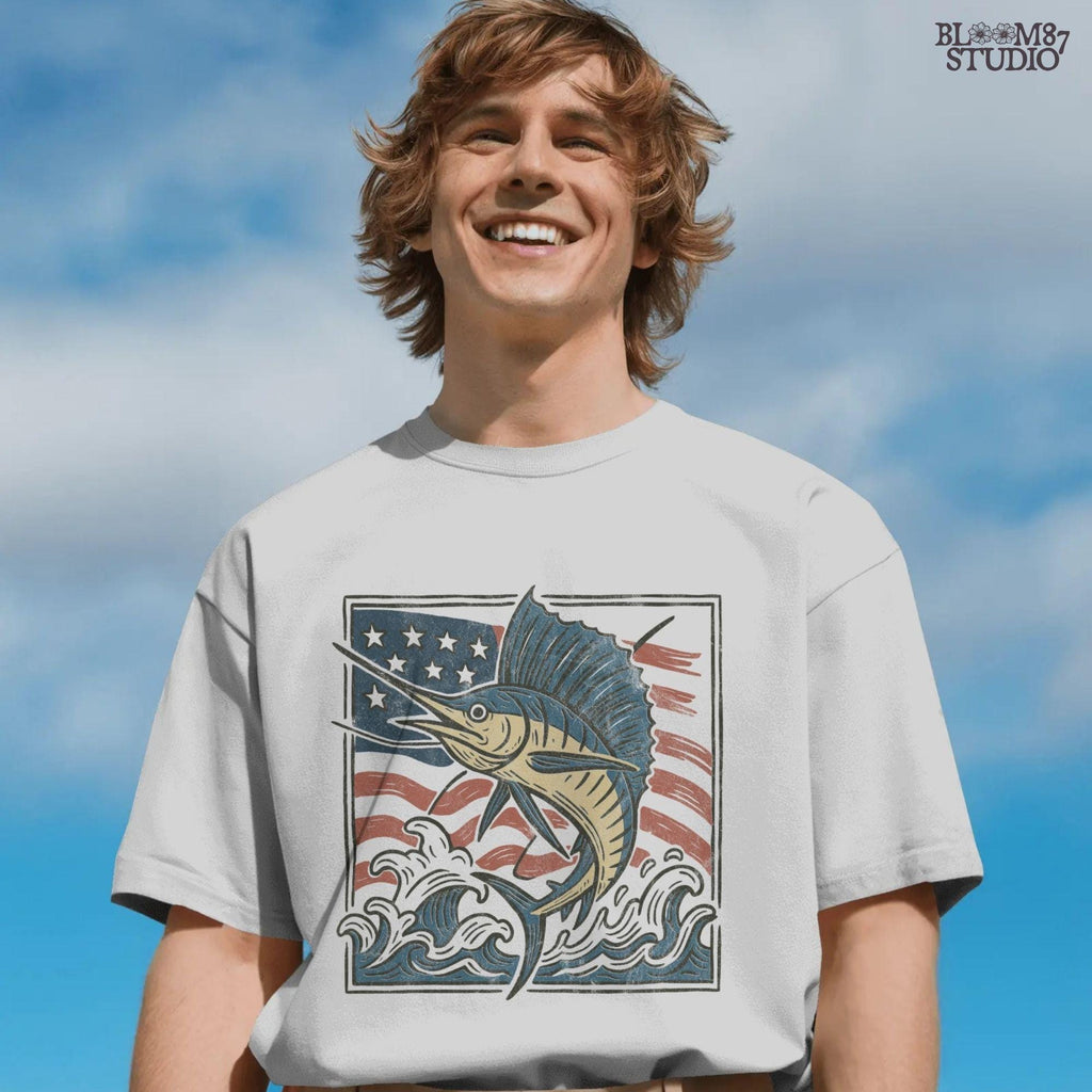 Patriotic sailfish illustration with American flag background and ocean waves – perfect for fishing shirt sublimation or saltwater angler clipart