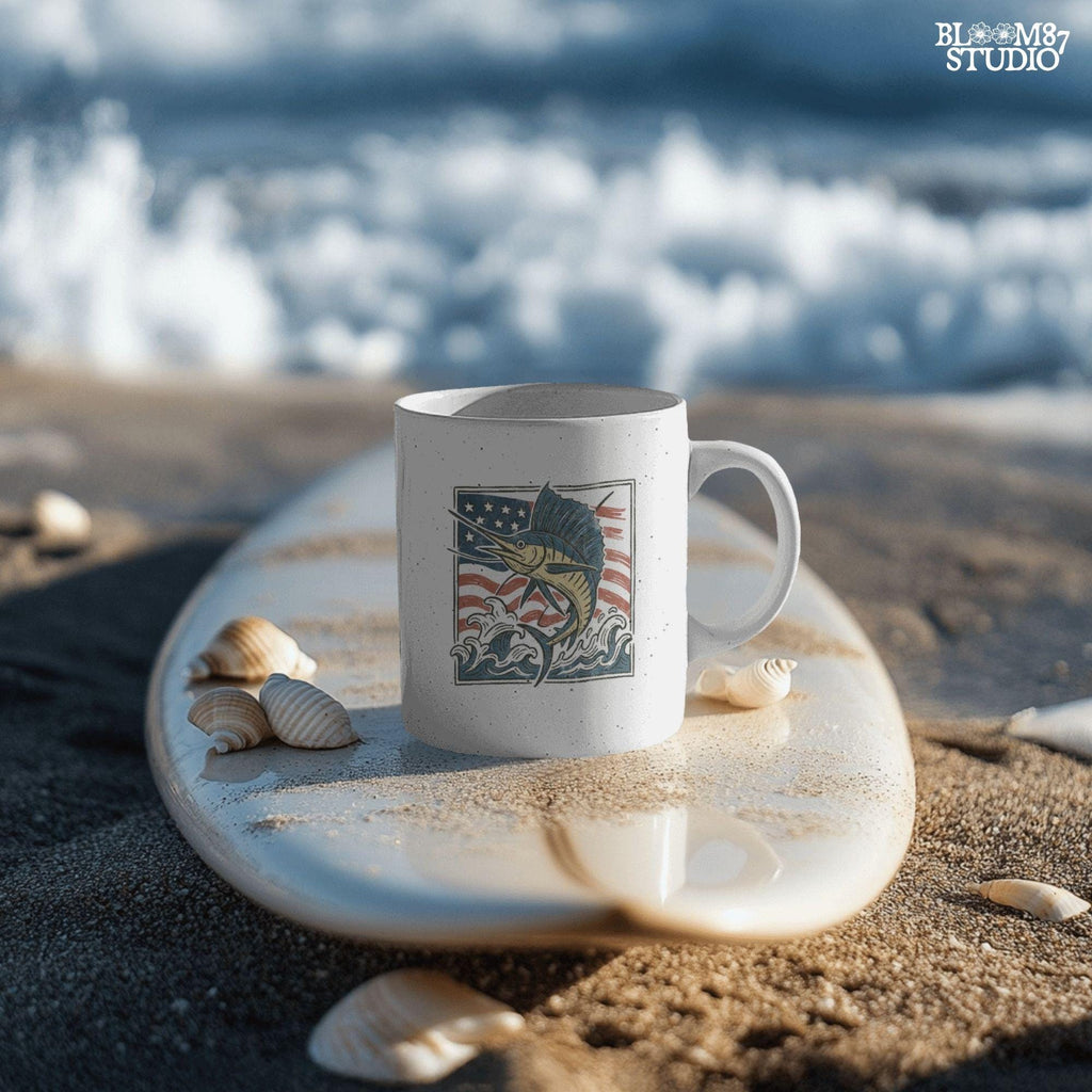 Patriotic sailfish illustration with American flag background and ocean waves – perfect for fishing shirt sublimation or saltwater angler clipart