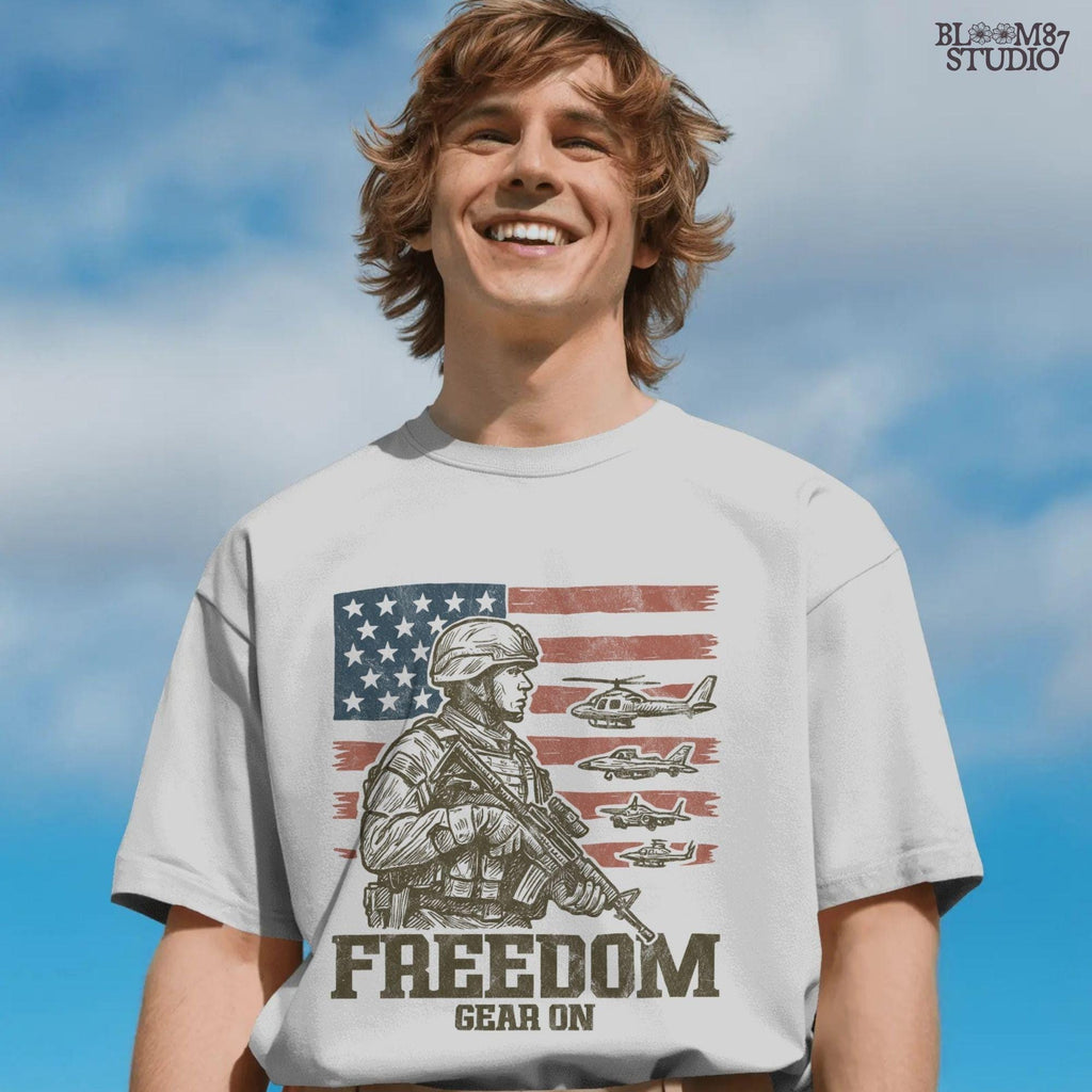 Tactical soldier in front of distressed American flag with military aircraft and “Freedom Gear On” text – perfect patriotic PNG for veteran shirt sublimation