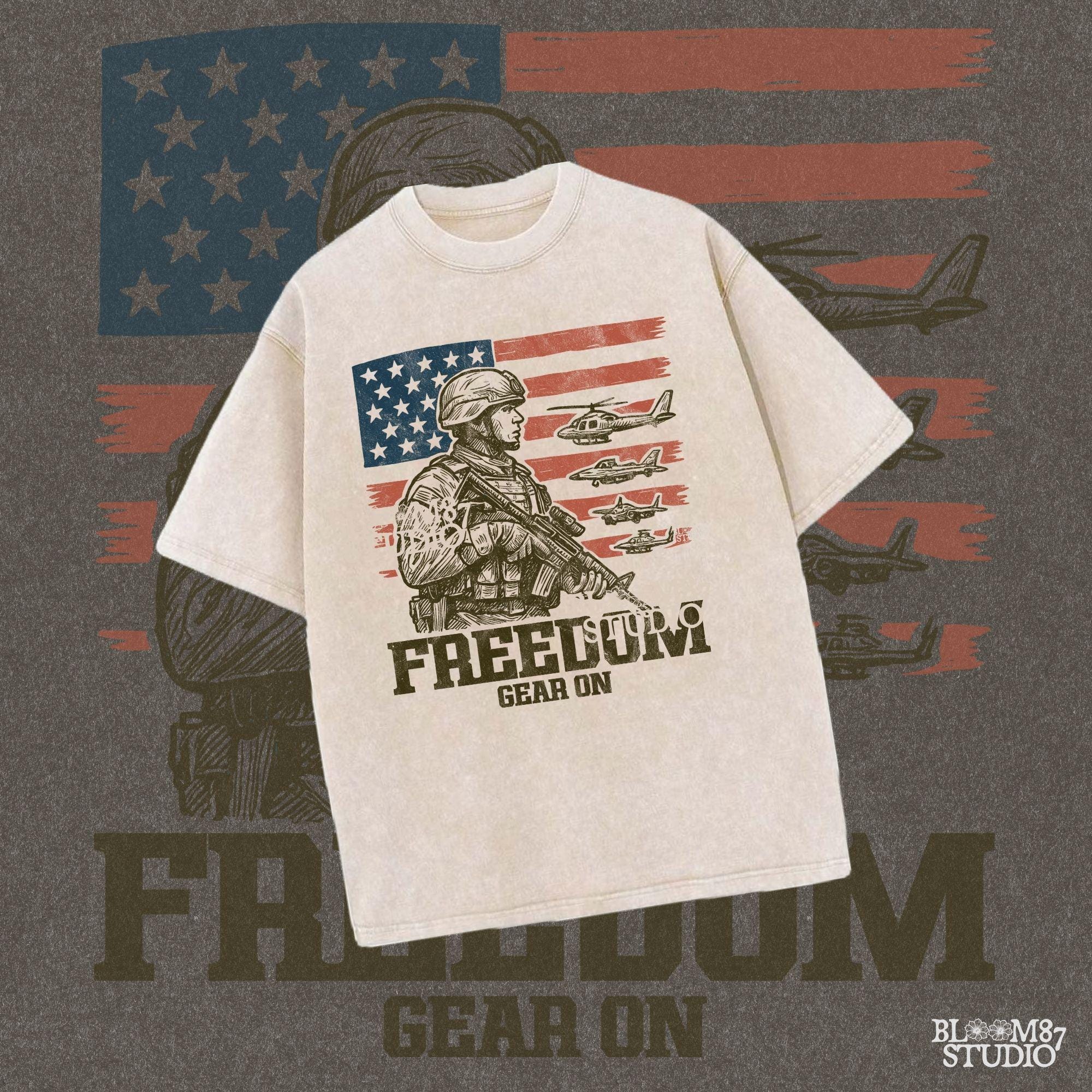 Tactical soldier in front of distressed American flag with military aircraft and “Freedom Gear On” text – perfect patriotic PNG for veteran shirt sublimation