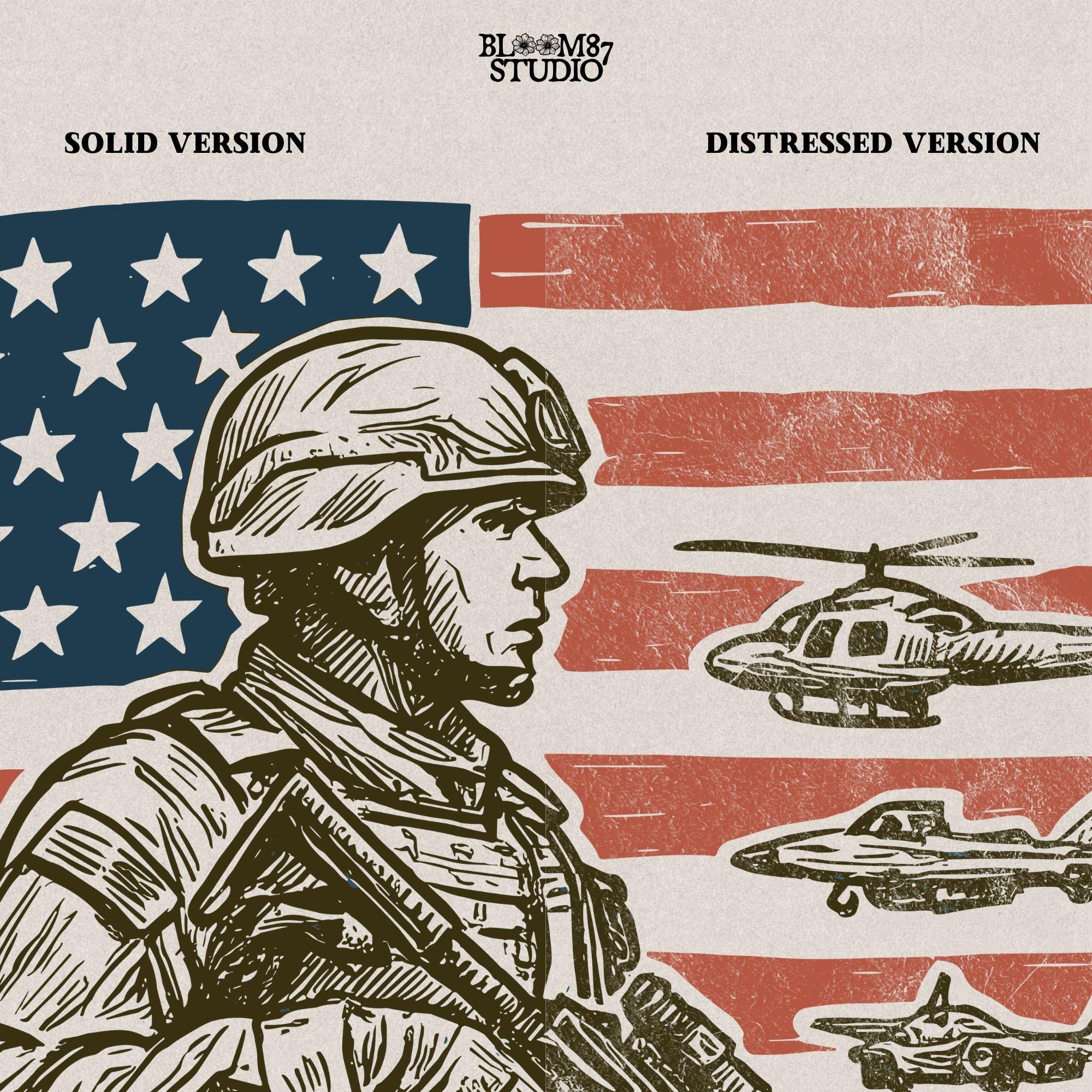 Tactical soldier in front of distressed American flag with military aircraft and “Freedom Gear On” text – perfect patriotic PNG for veteran shirt sublimation