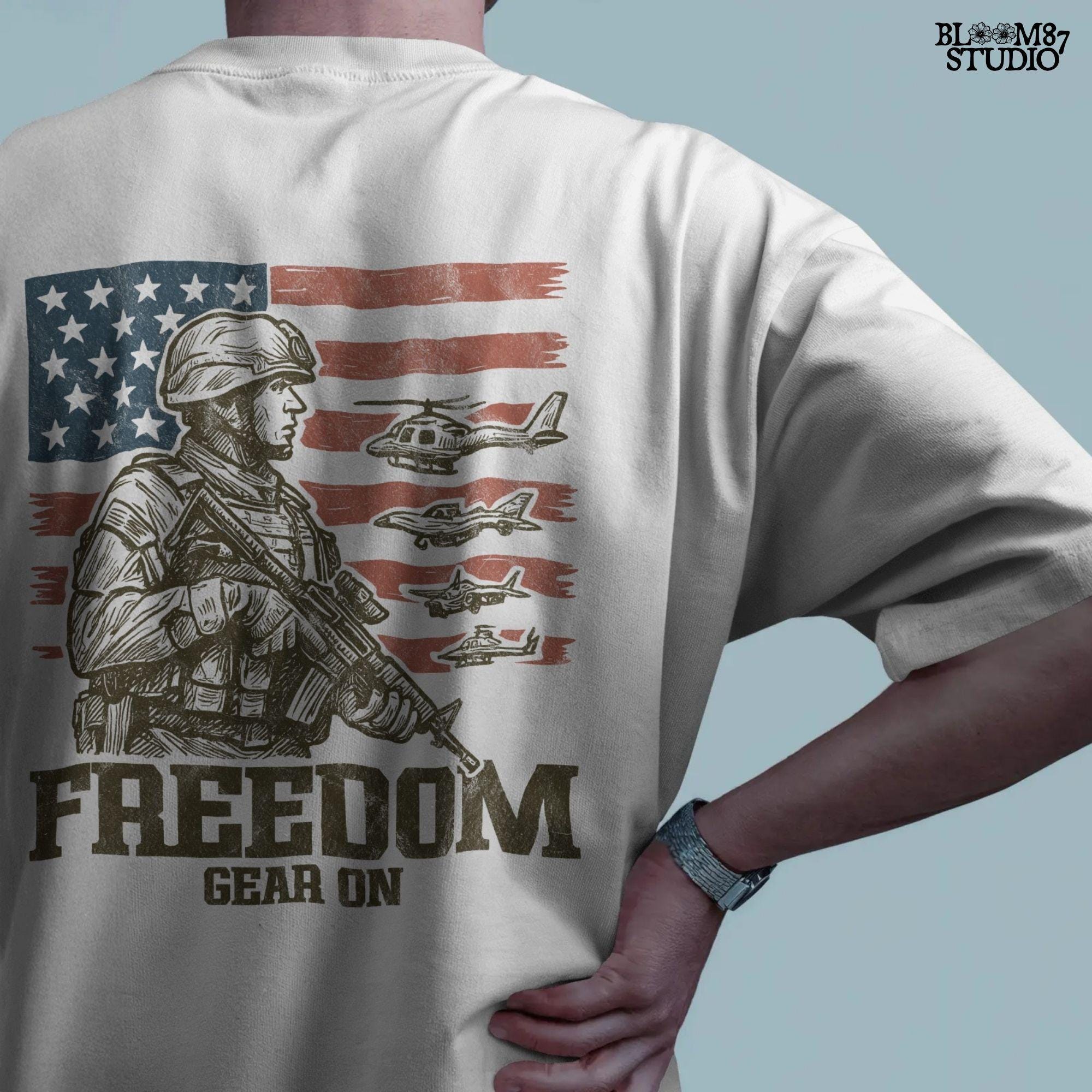 Tactical soldier in front of distressed American flag with military aircraft and “Freedom Gear On” text – perfect patriotic PNG for veteran shirt sublimation
