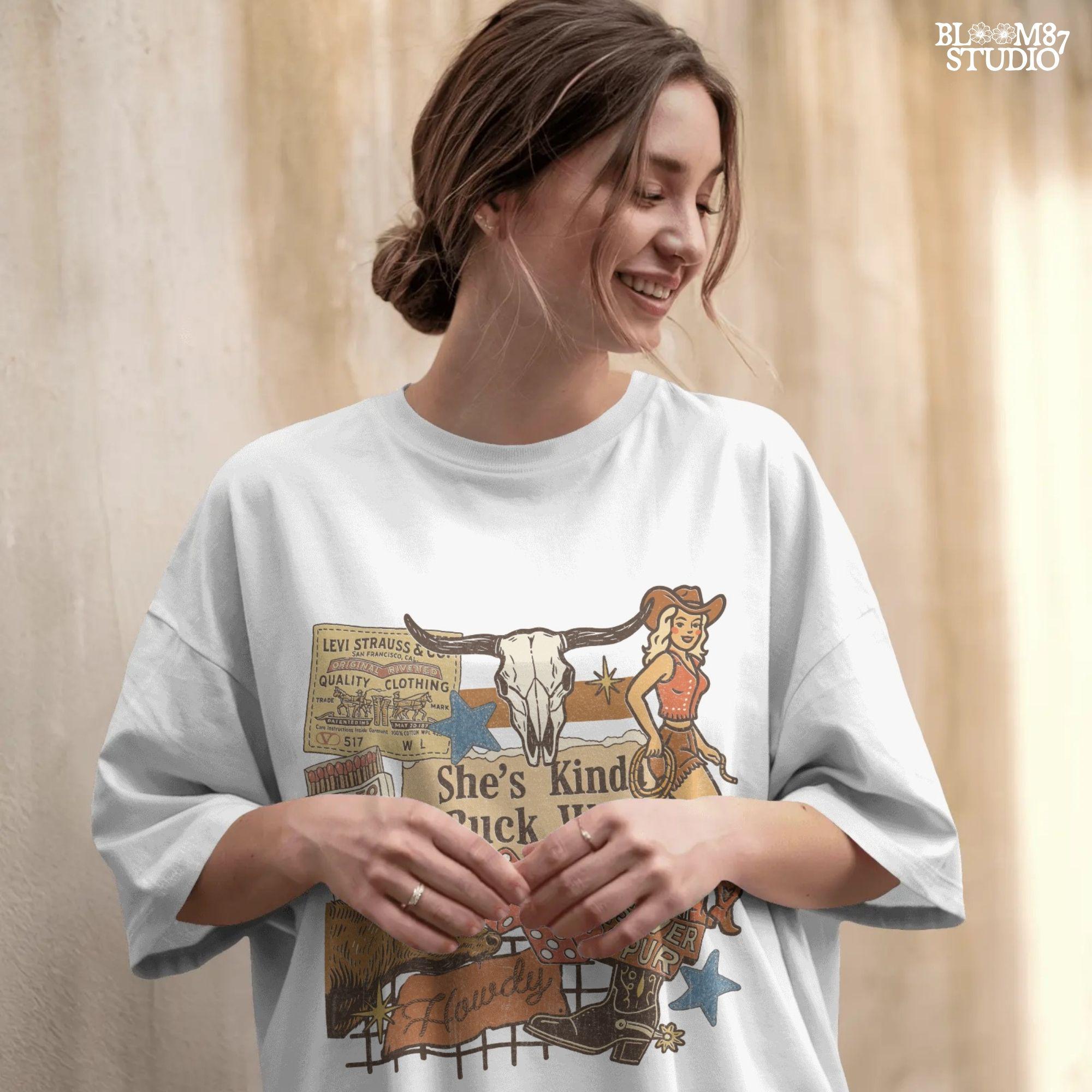 Retro Western howdy collage PNG with cowgirl, skull, dice, boots, bull, and text “She’s Kinda Buck Wild” – vintage rodeo sublimation design.