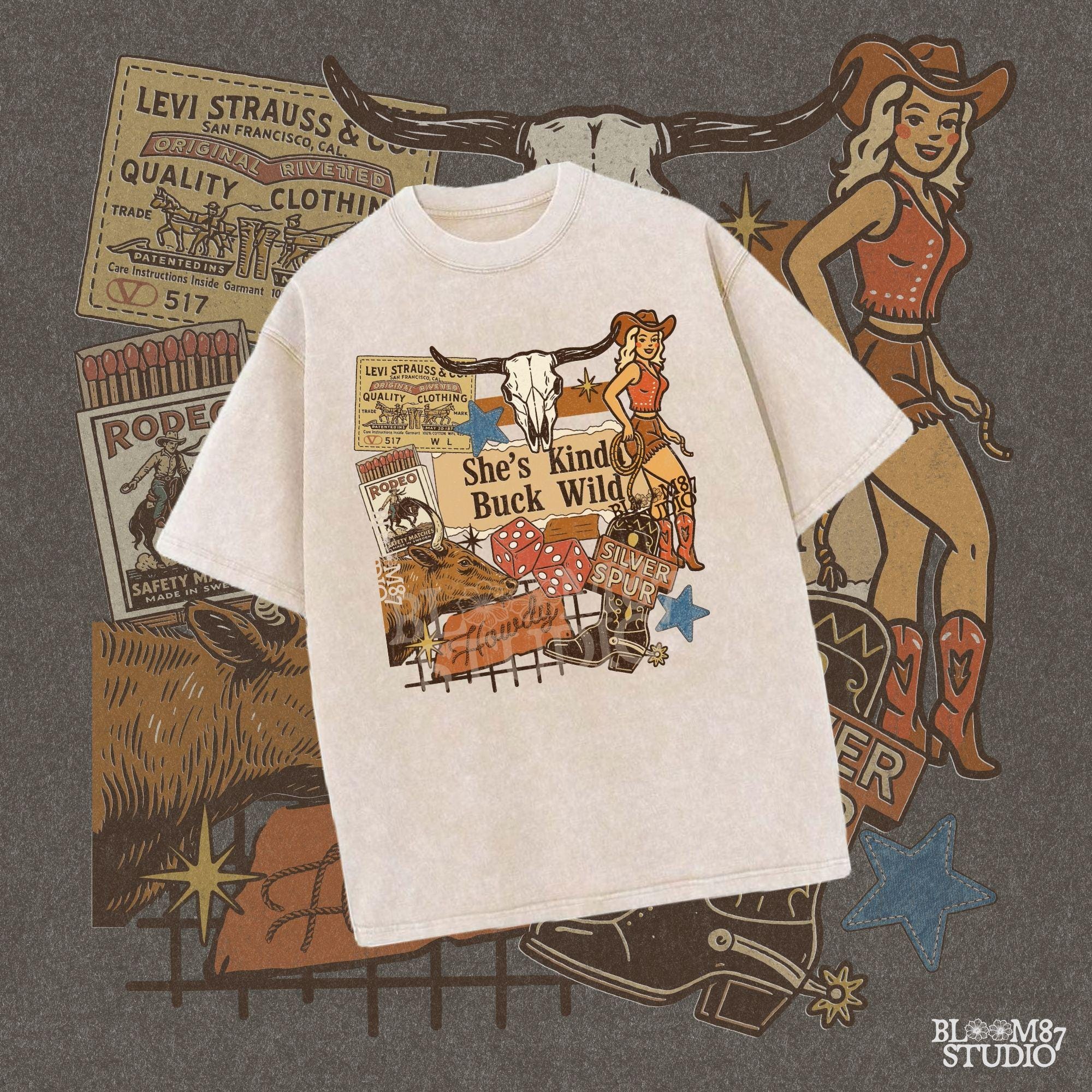 Retro Western howdy collage PNG with cowgirl, skull, dice, boots, bull, and text “She’s Kinda Buck Wild” – vintage rodeo sublimation design.