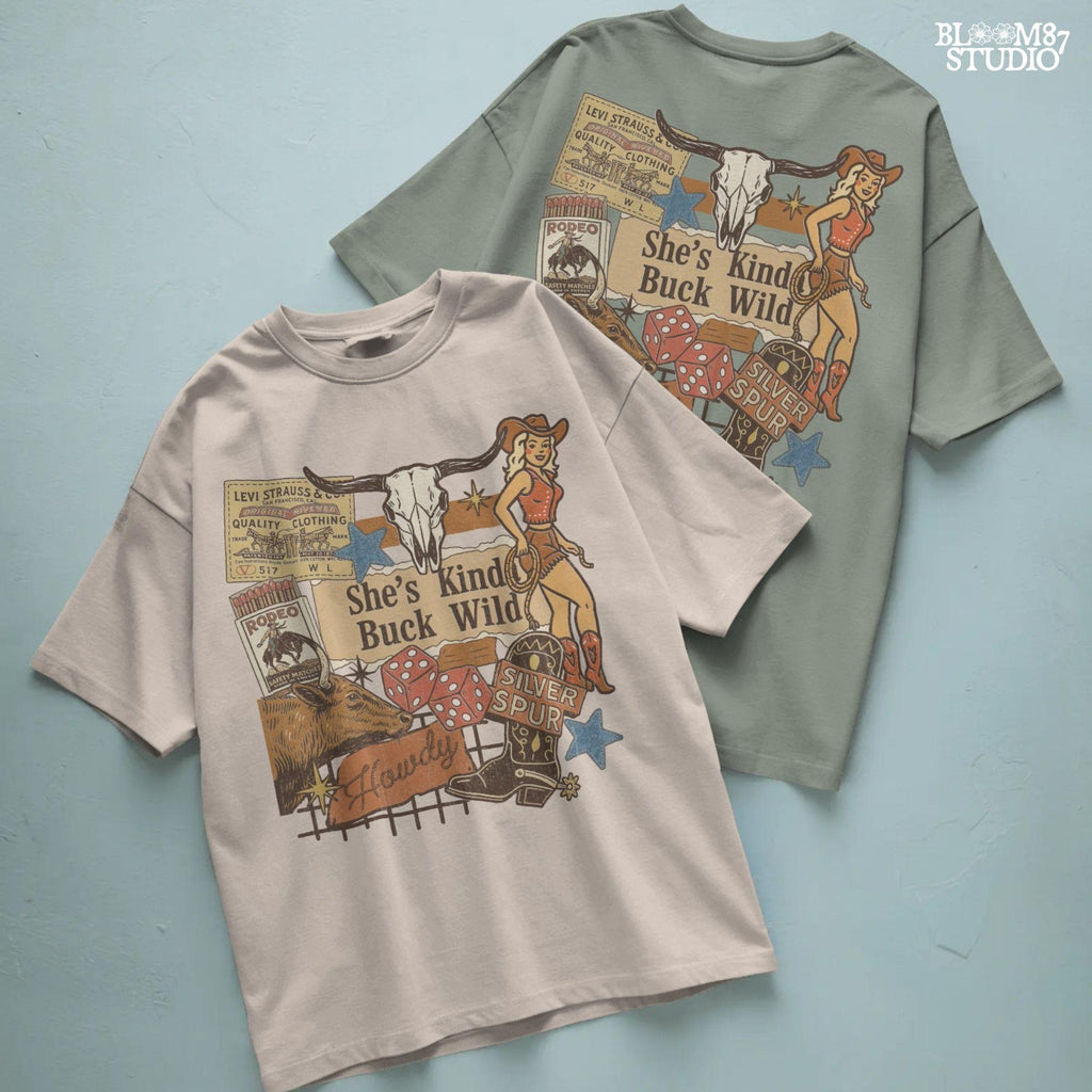 Retro Western howdy collage PNG with cowgirl, skull, dice, boots, bull, and text “She’s Kinda Buck Wild” – vintage rodeo sublimation design.