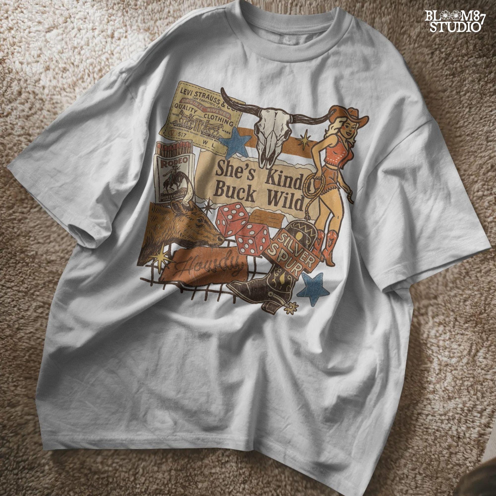 Retro Western howdy collage PNG with cowgirl, skull, dice, boots, bull, and text “She’s Kinda Buck Wild” – vintage rodeo sublimation design.