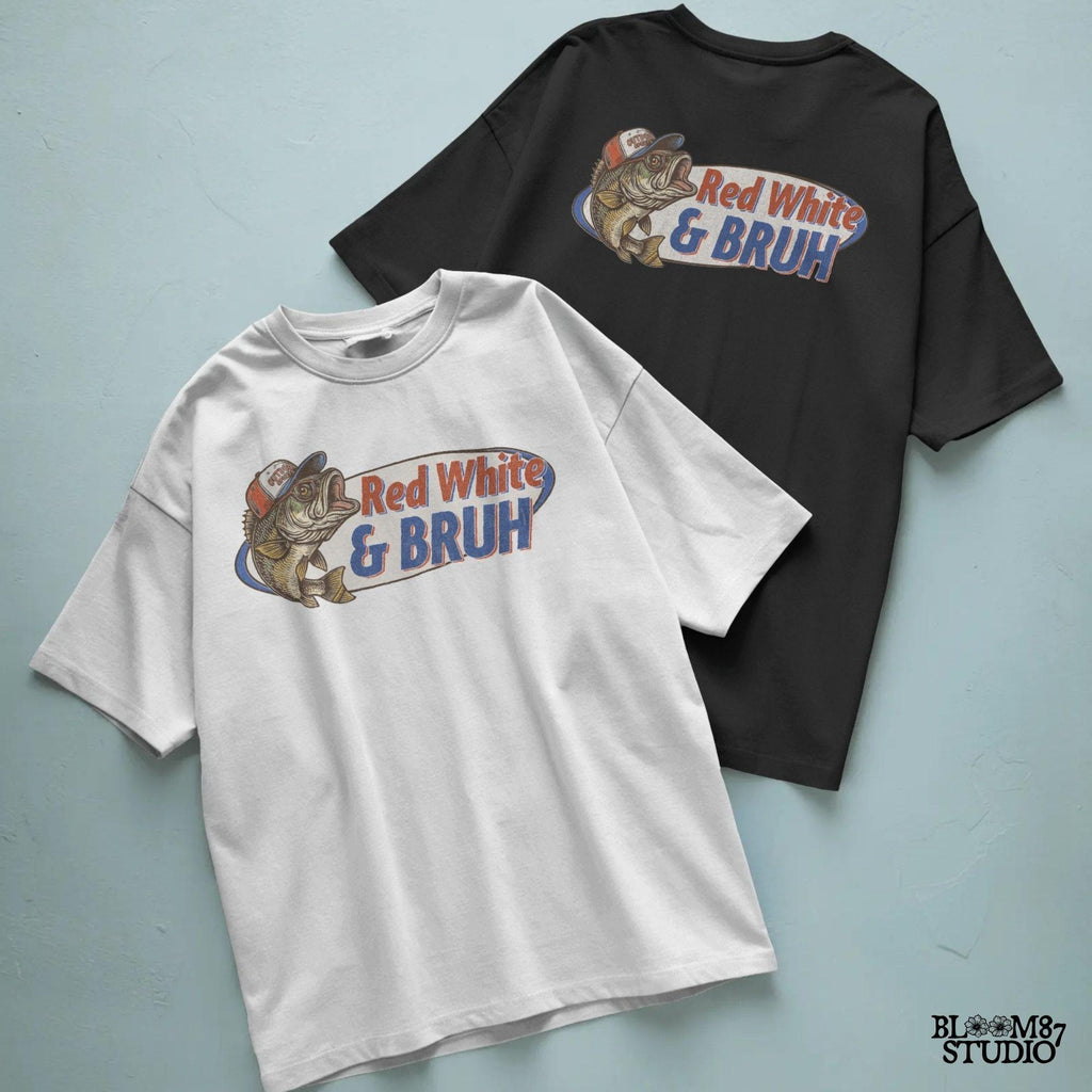 Funny 4th of July bass fishing design with text “Red White & BRUH” – patriotic PNG for USA shirts, dad gifts, or sublimation crafts.