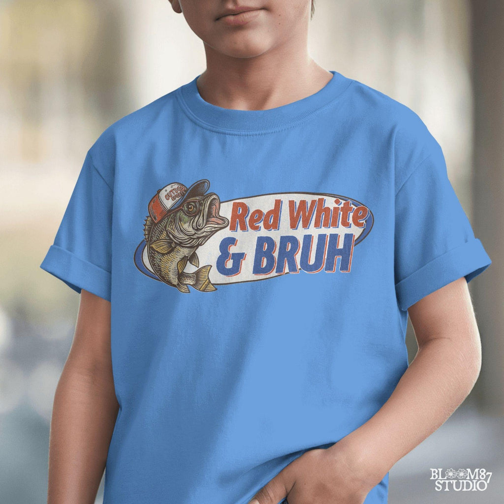 Funny 4th of July bass fishing design with text “Red White & BRUH” – patriotic PNG for USA shirts, dad gifts, or sublimation crafts.