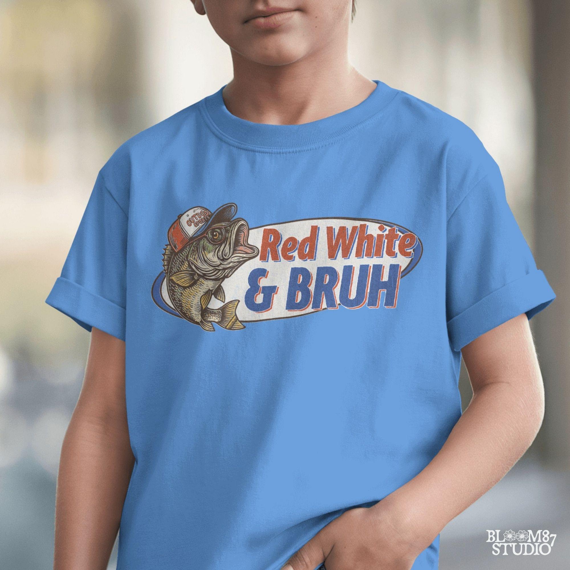 Funny 4th of July bass fishing design with text “Red White & BRUH” – patriotic PNG for USA shirts, dad gifts, or sublimation crafts.