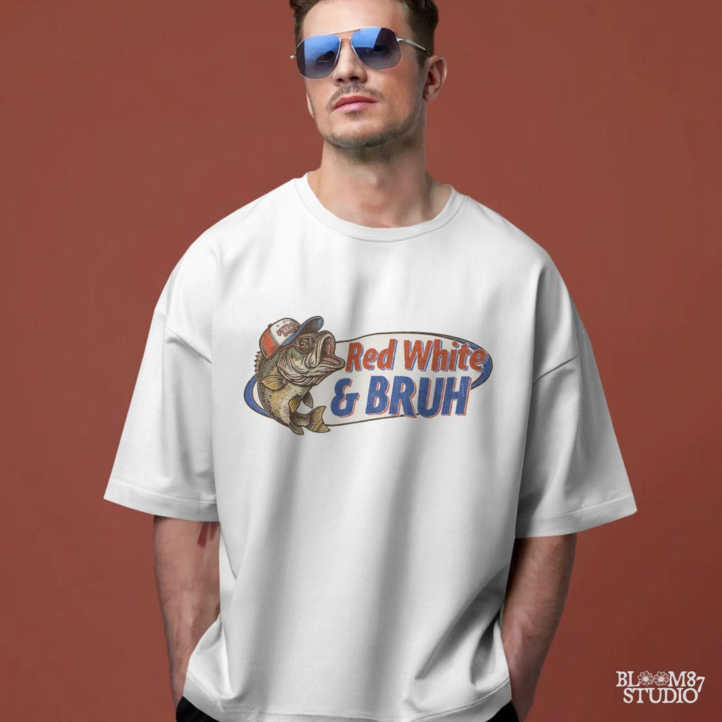 Funny 4th of July bass fishing design with text “Red White & BRUH” – patriotic PNG for USA shirts, dad gifts, or sublimation crafts.