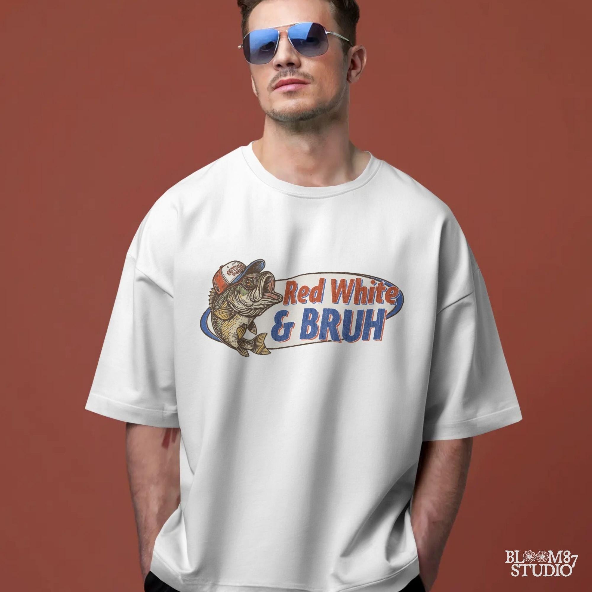 Funny 4th of July bass fishing design with text “Red White & BRUH” – patriotic PNG for USA shirts, dad gifts, or sublimation crafts.