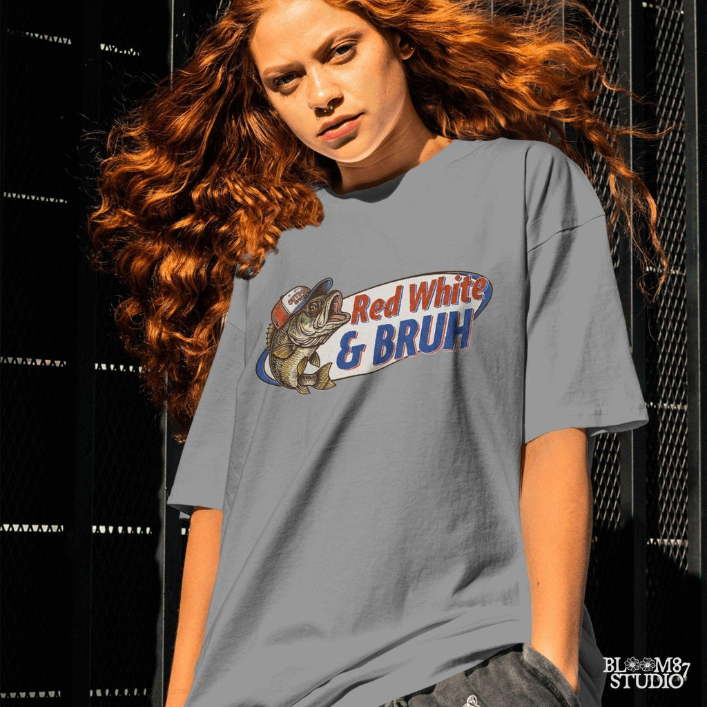 Funny 4th of July bass fishing design with text “Red White & BRUH” – patriotic PNG for USA shirts, dad gifts, or sublimation crafts.