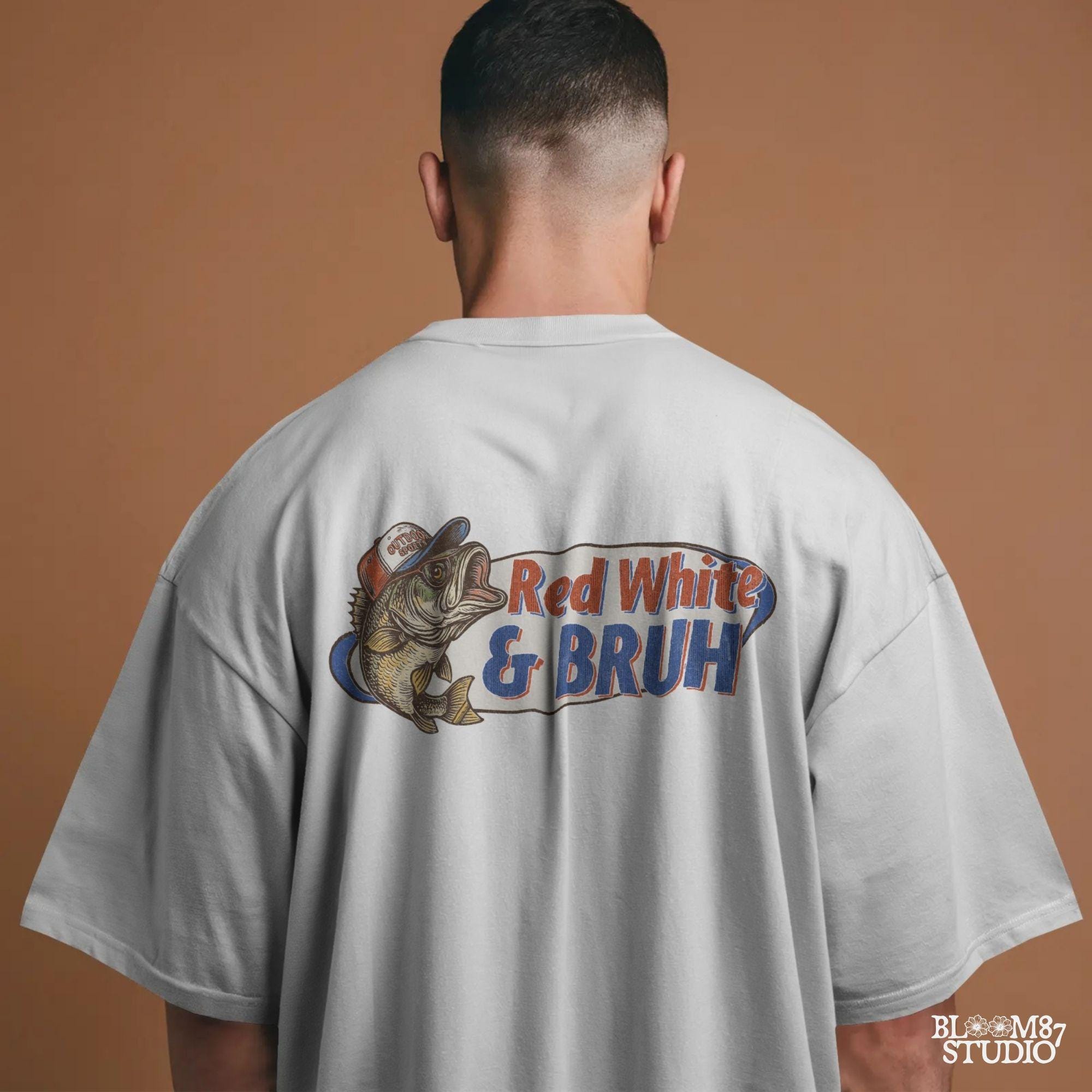 Funny 4th of July bass fishing design with text “Red White & BRUH” – patriotic PNG for USA shirts, dad gifts, or sublimation crafts.