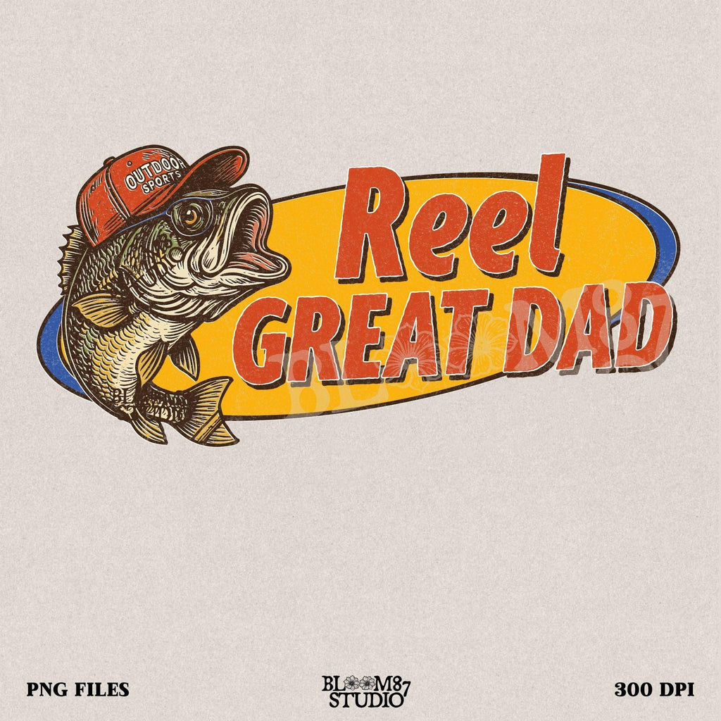 Funny fishing design with bass fish and “Reel Great Dad” text – vintage-style PNG for Father’s Day sublimation gift.